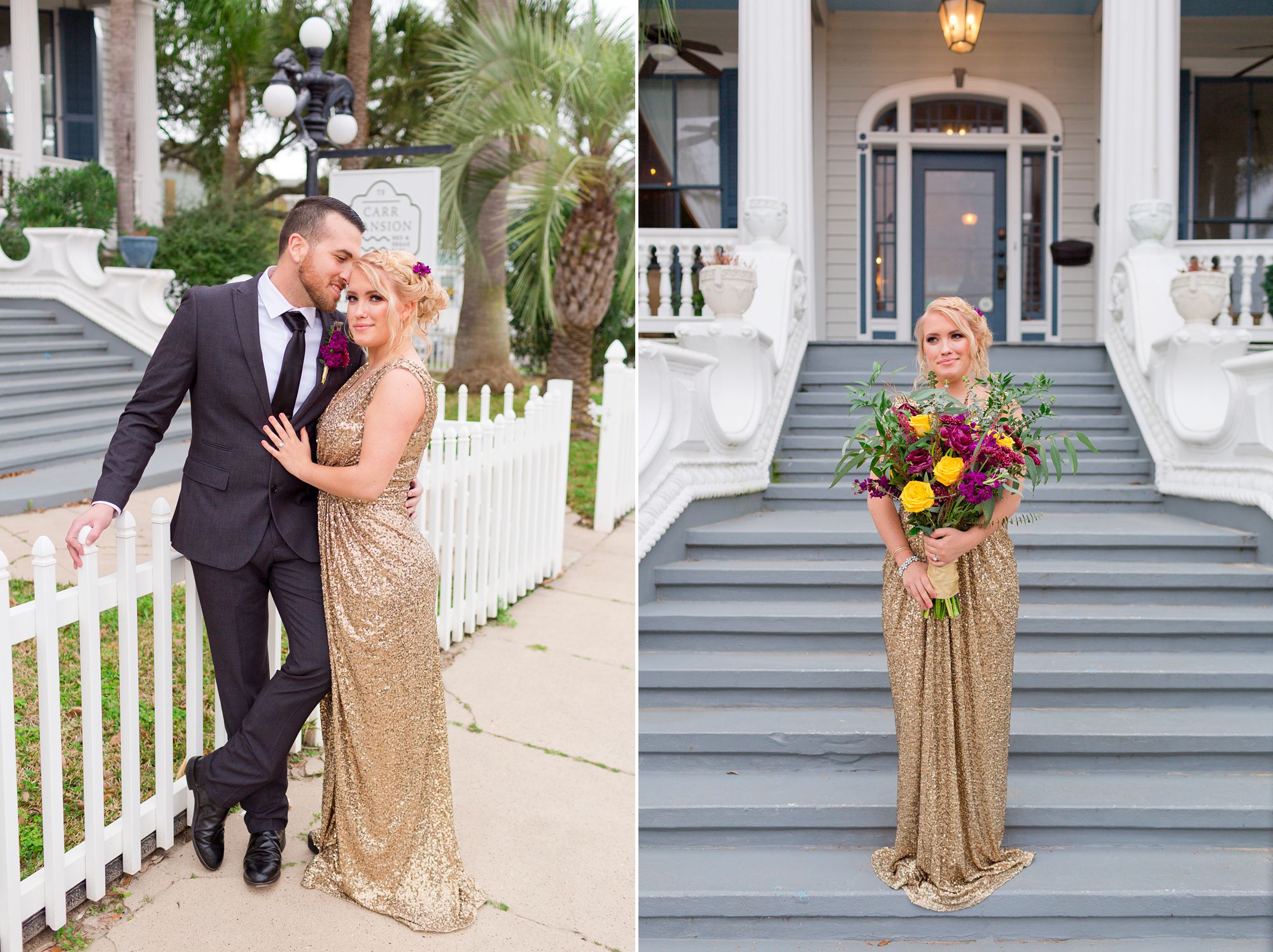 Portrait of a bride and groom in front of the Carr Mansion in Galveston, Texas.