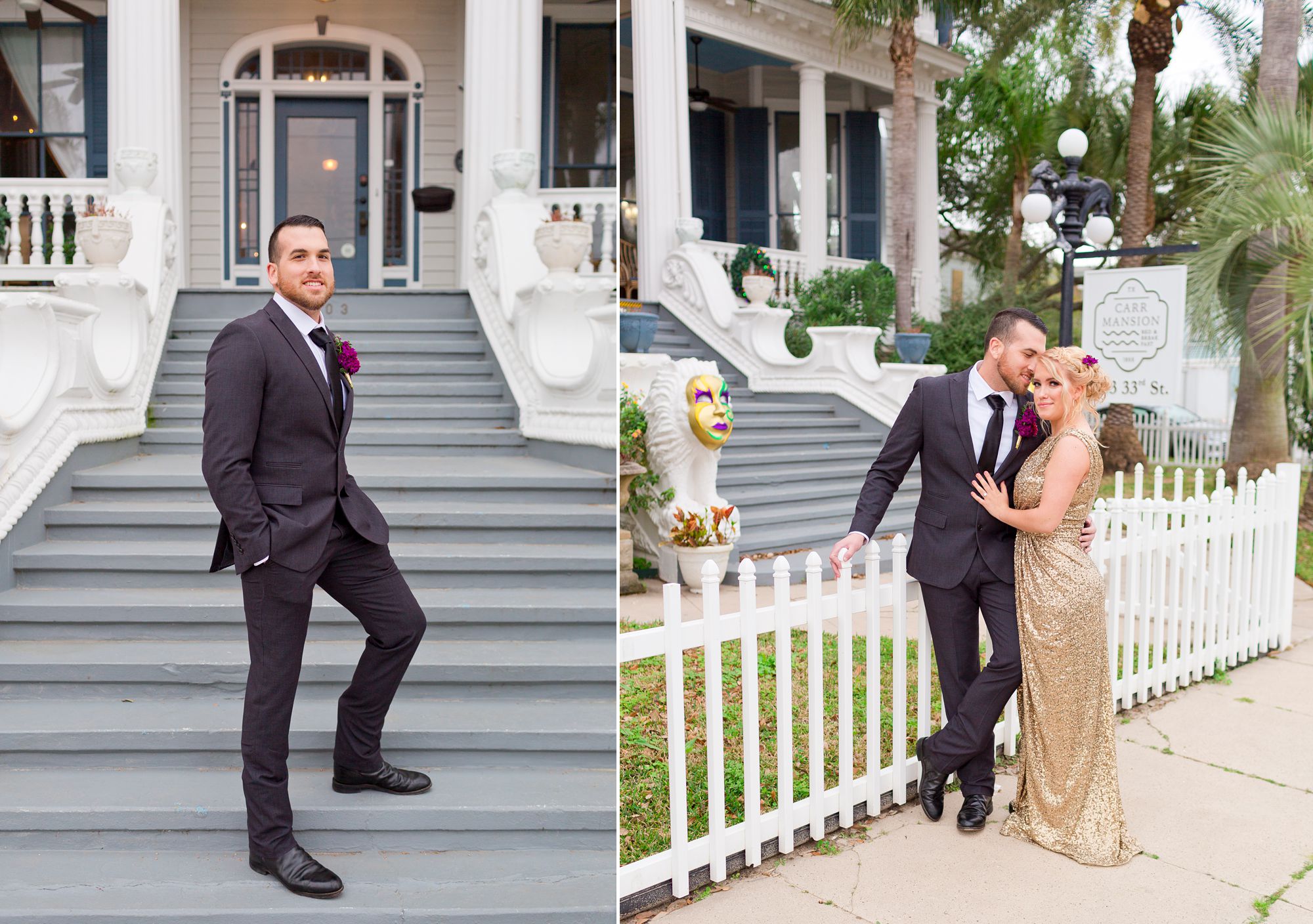 Portrait of a bride and groom in front of the Carr Mansion in Galveston, Texas.