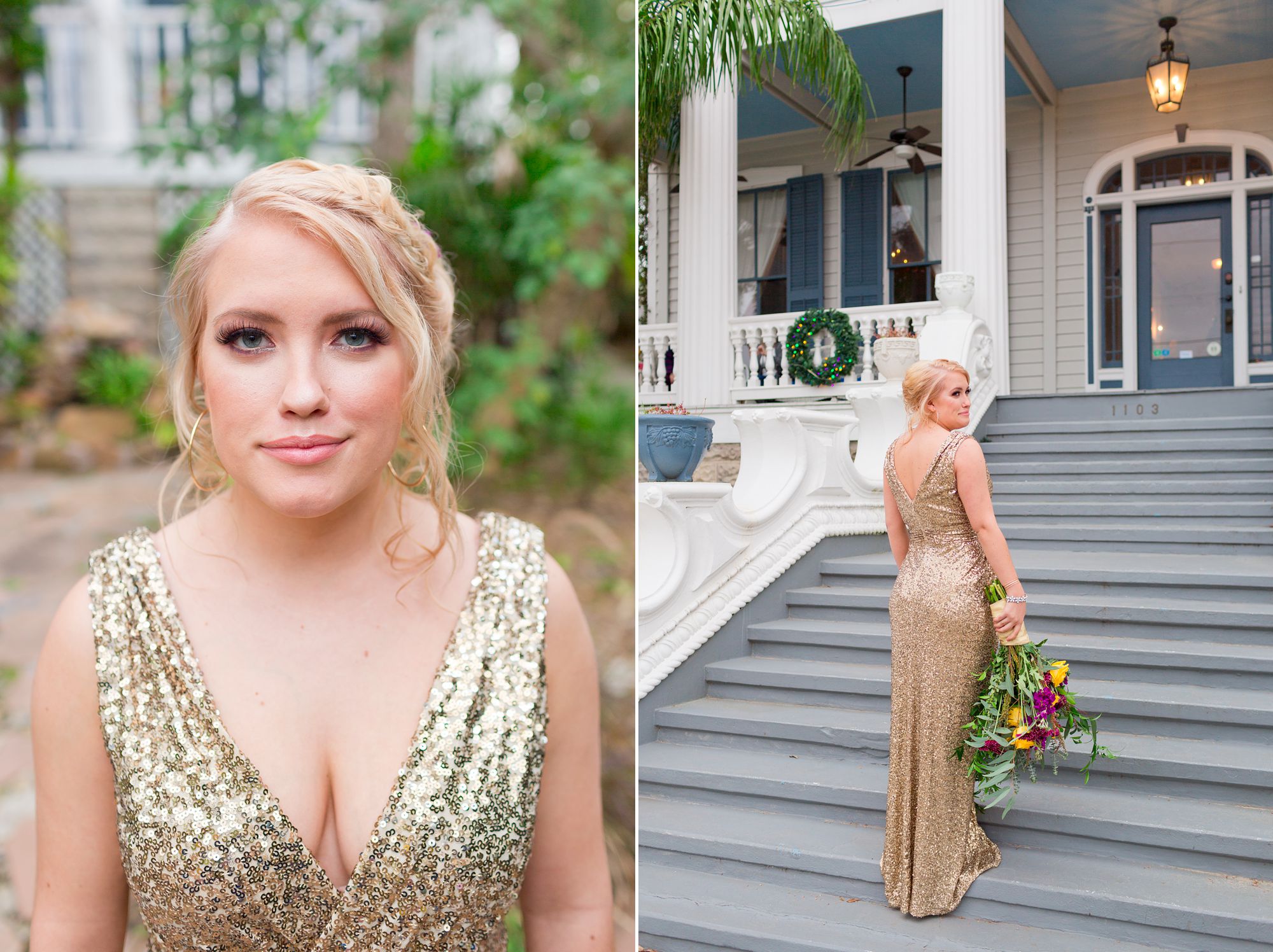 Portrait of a bride in a gold sequin dress in front of the Carr Mansion in Galveston, Texas.