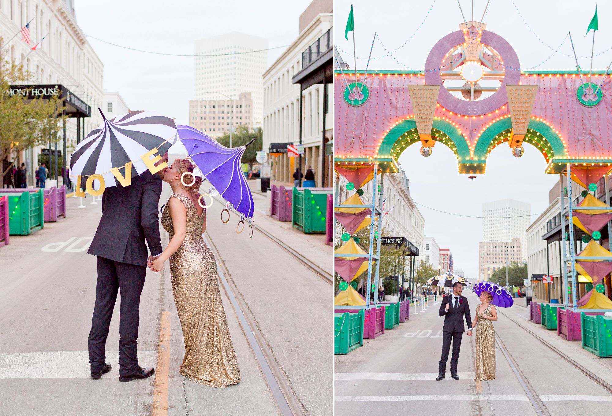 A bride and groom with Mardi Gras umbrellas kiss under the Powell Mardi Gras Arch in Galveston, Texas.