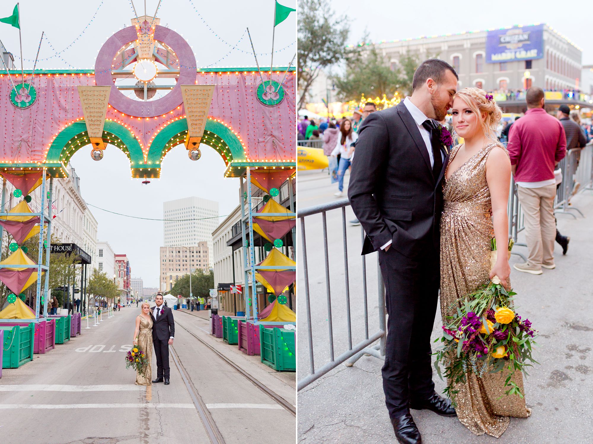 A bride and groom at their Mardi Gras elopement.