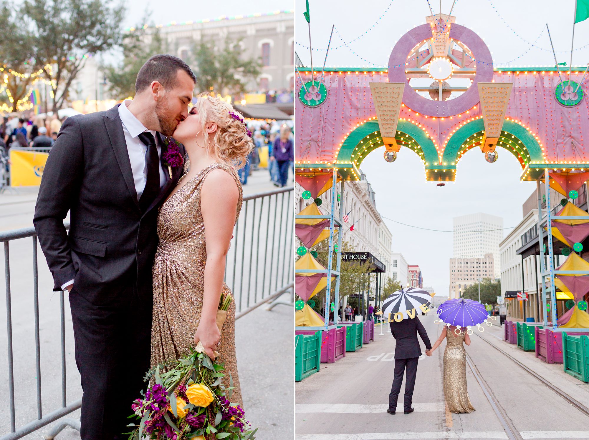 A bride and groom at their Mardi Gras elopement.