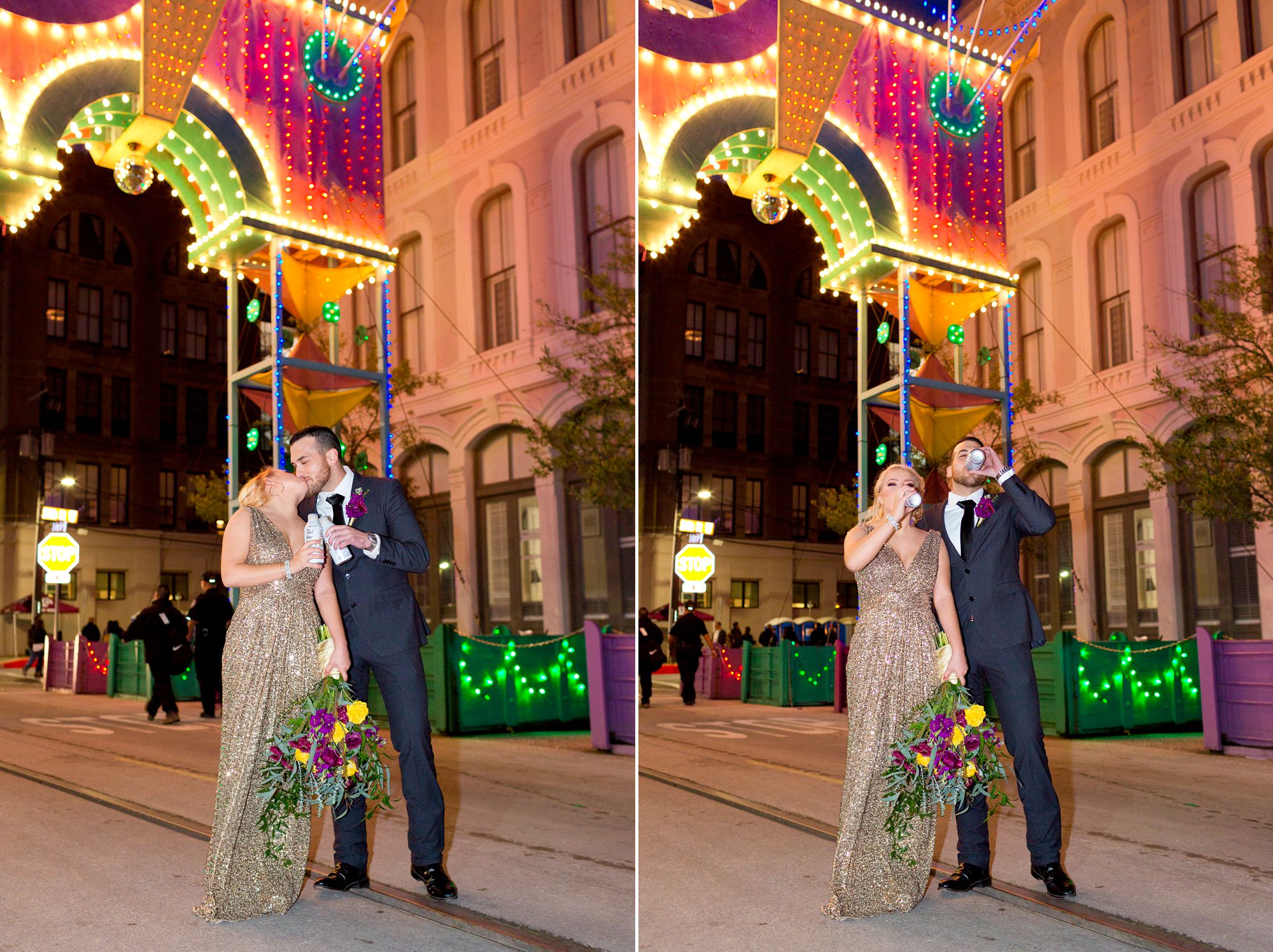 A bride and groom toast with beers under the Powell Mardi Gras Arch in Galveston, Texas.