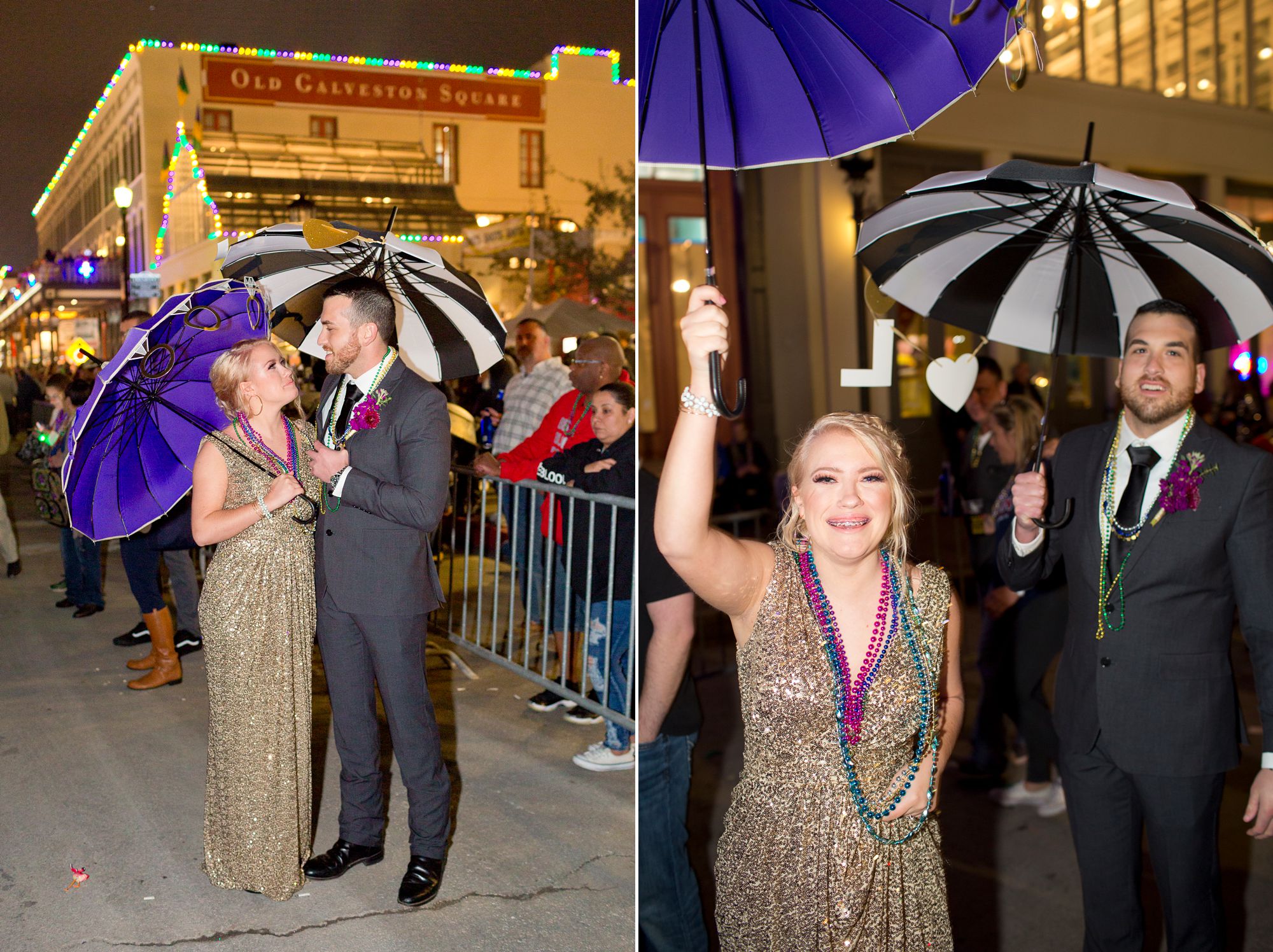 A bride and groom at their Mardi Gras Galveston elopement.