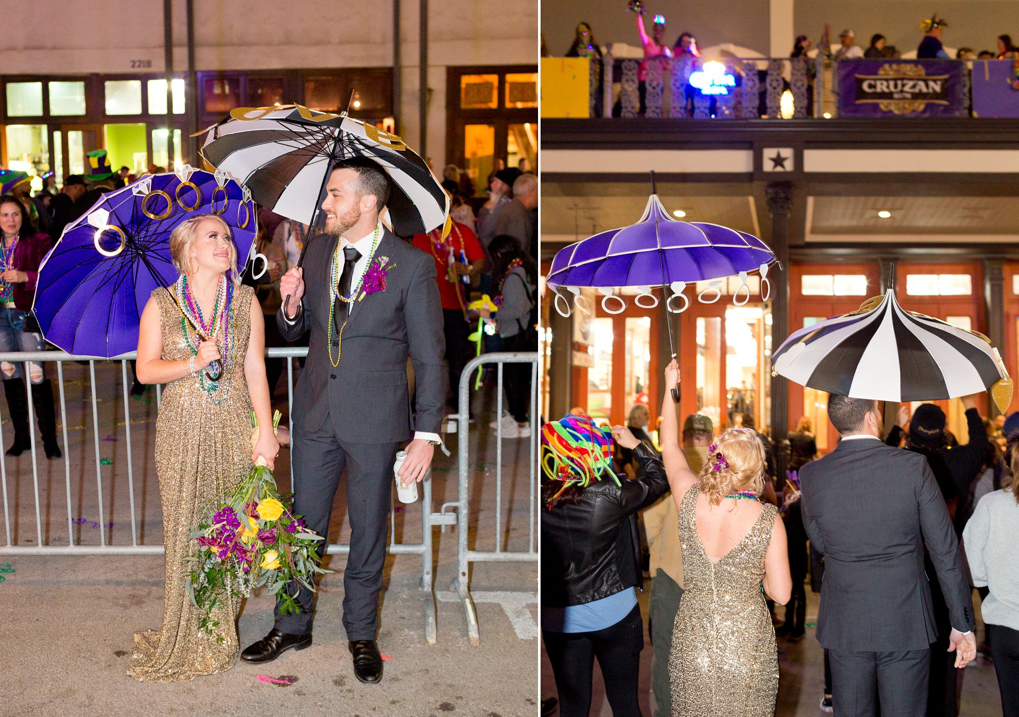 A bride and groom at their Mardi Gras elopement in Galveston, Texas.