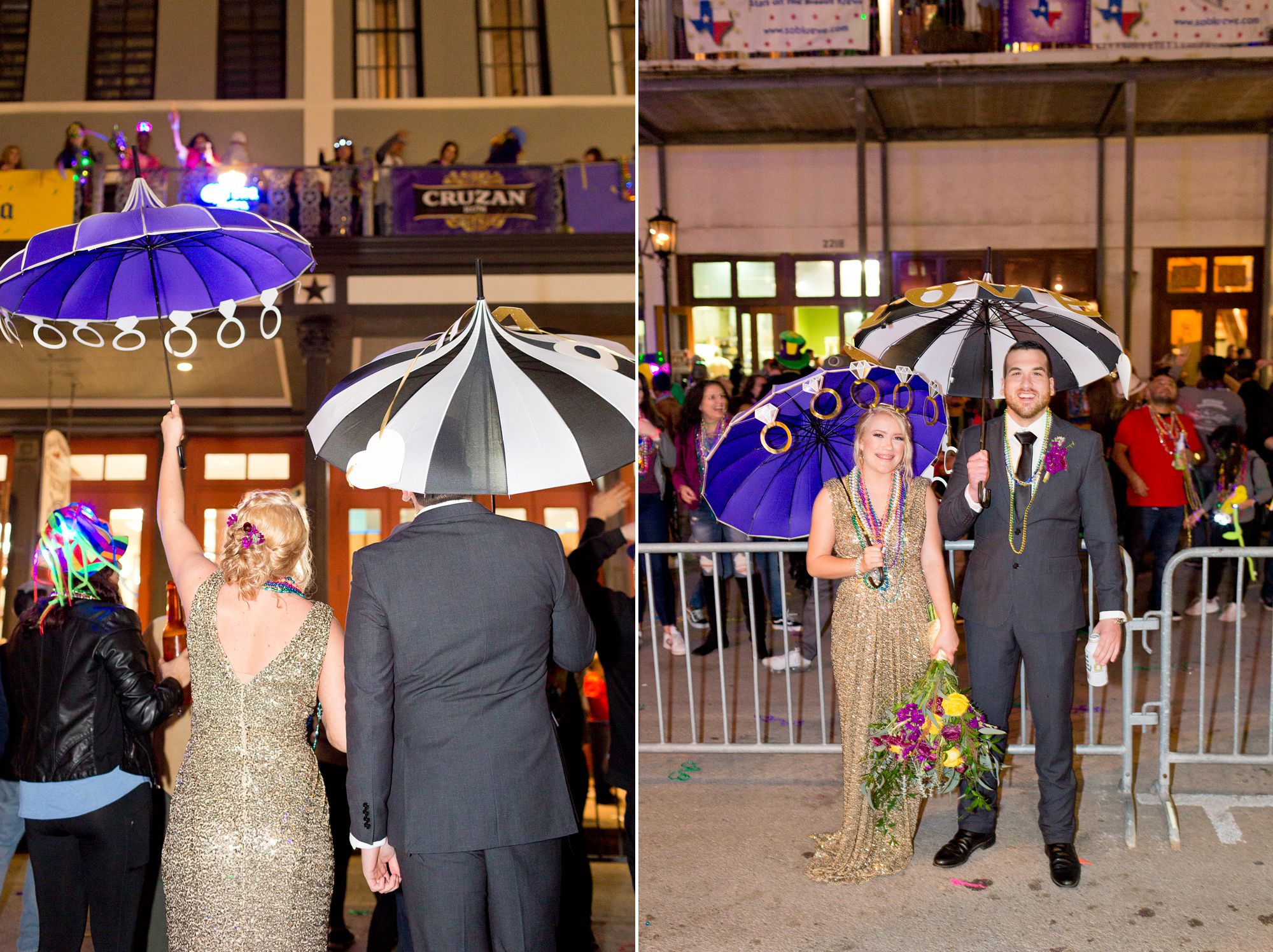 A bride and groom catching beads at their Mardi Gras Galveston elopement.