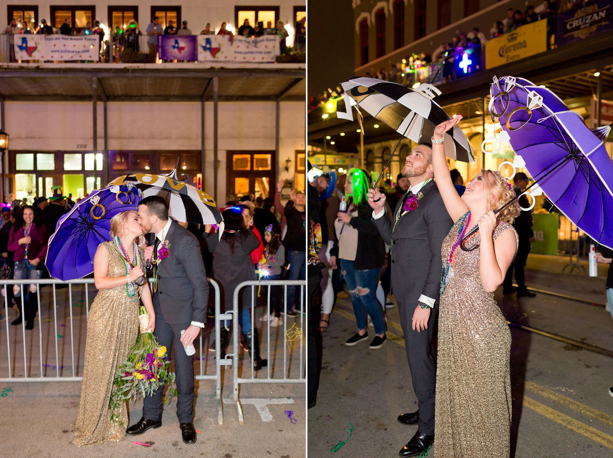 A bride and groom catching beads at their Mardi Gras elopement in Galveston, Texas.