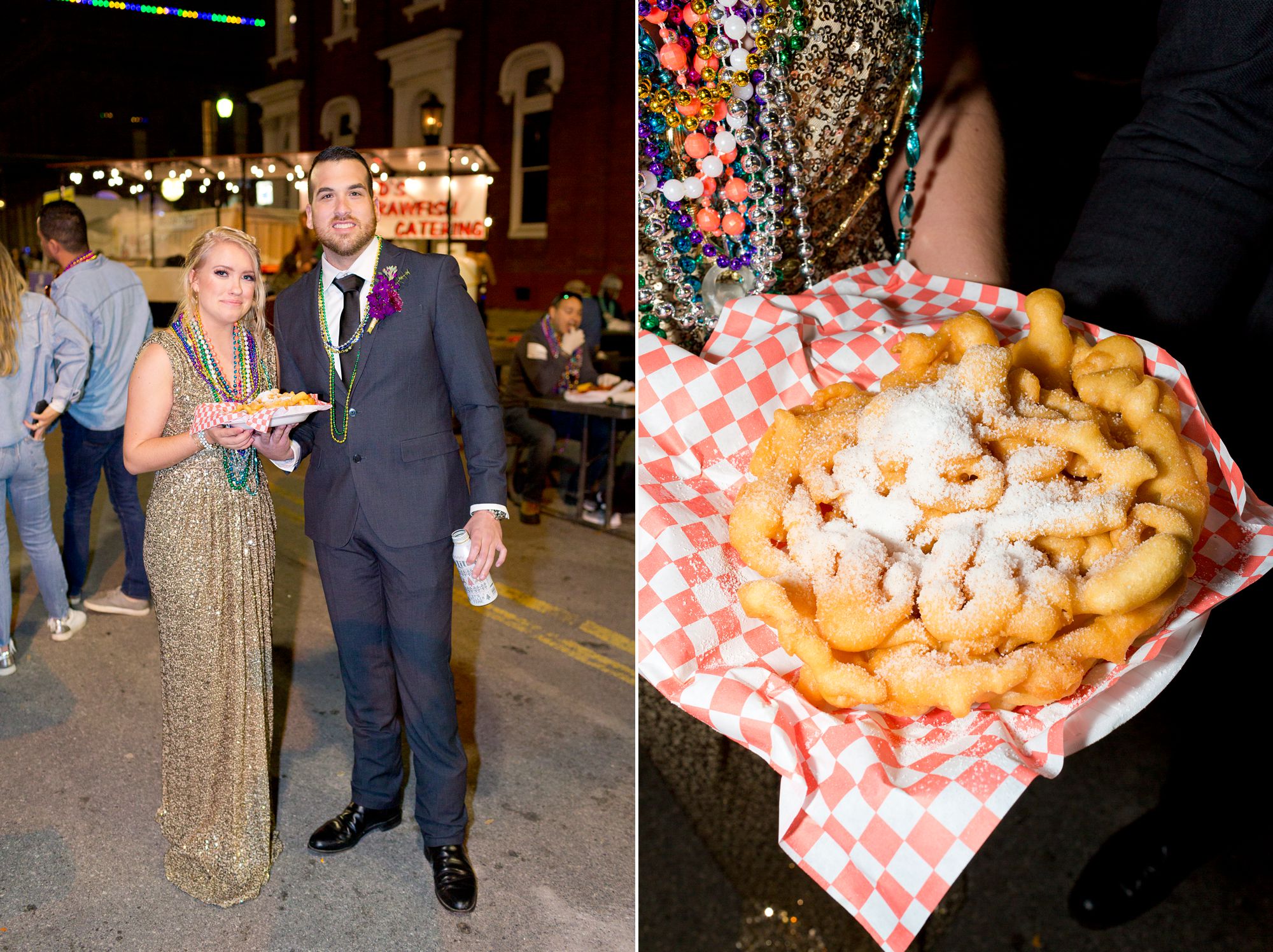 A bride and groom eat funnel cake at their Mardi Gras Galveston elopement.