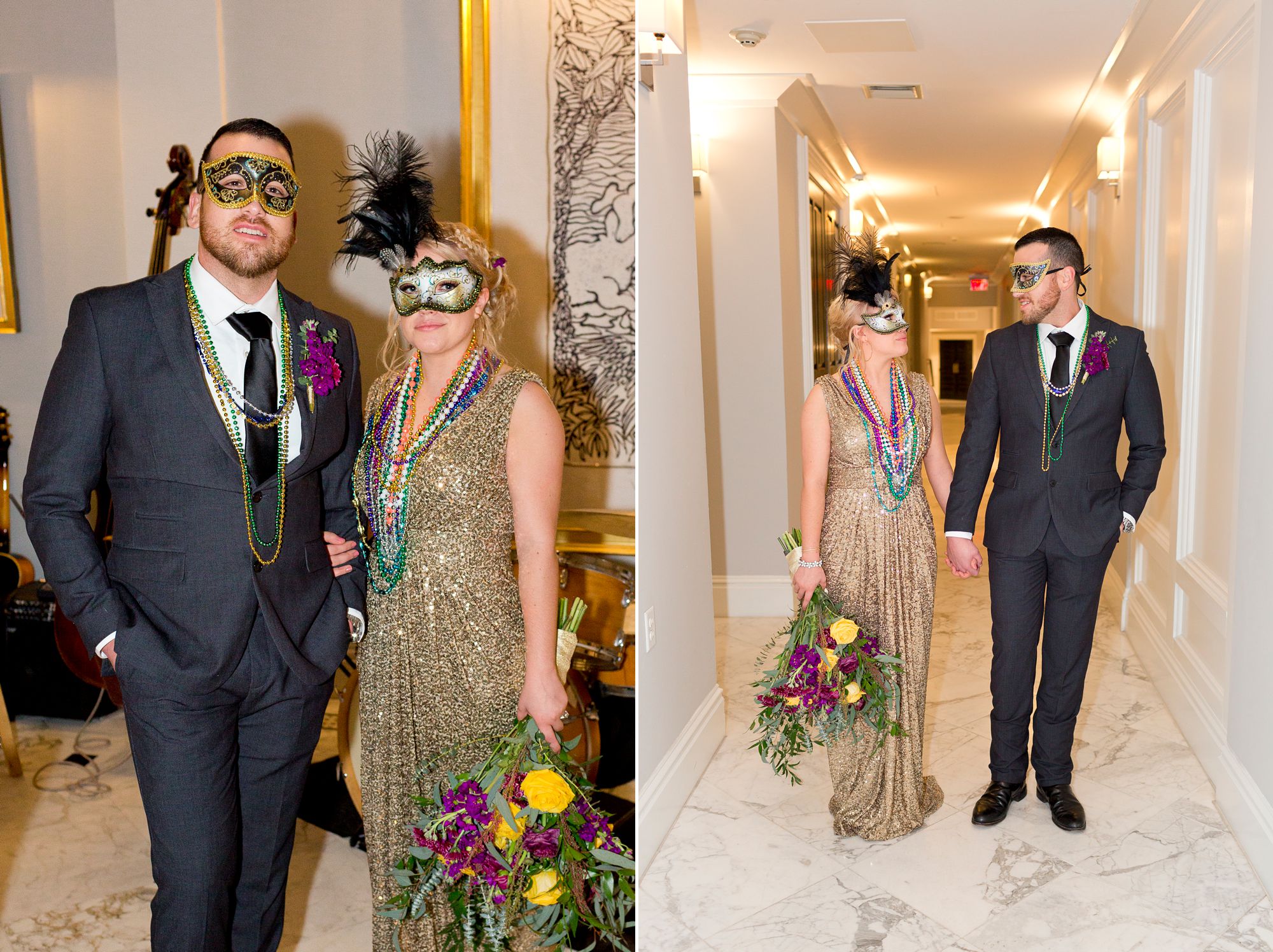 A bride and groom in masquerade masks at the Tremont House in Galveston.