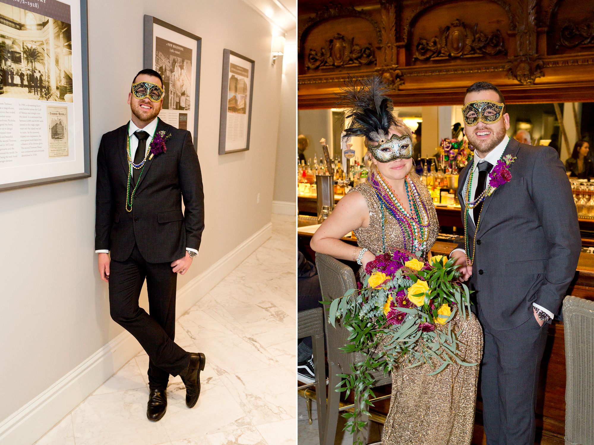 A bride and groom in masquerade masks at the Tremont House in Galveston.
