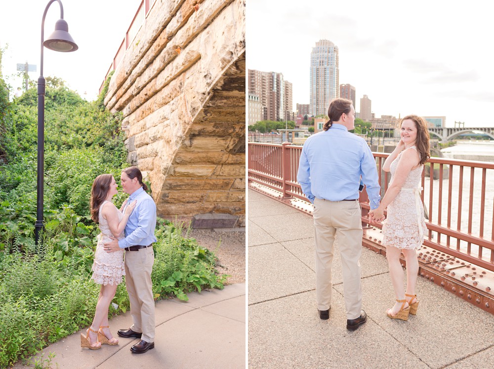 Couple at their anniversary session at Stone Arch Bridge in Minneapolis