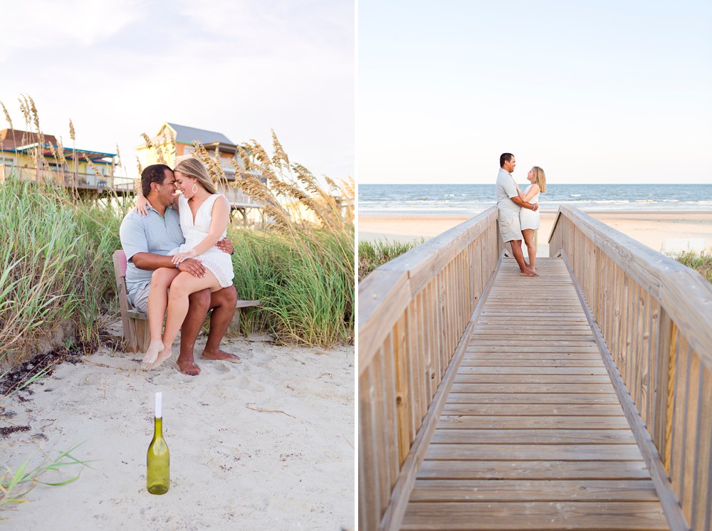 Couple on Galveston beach dune walkover during their engagement session