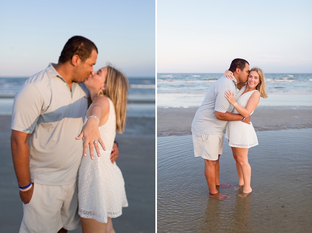 Couple taking engagement photos on Galveston Island beach at sunset