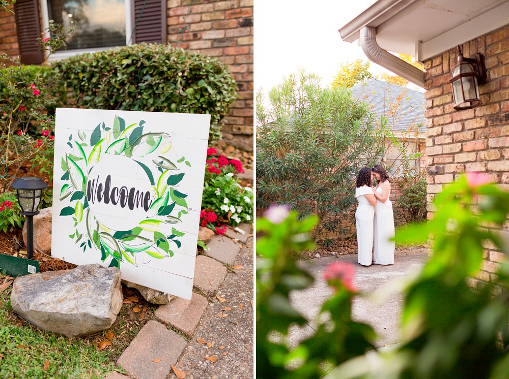 Wedding welcome sign; brides getting ready for their backyard ceremony