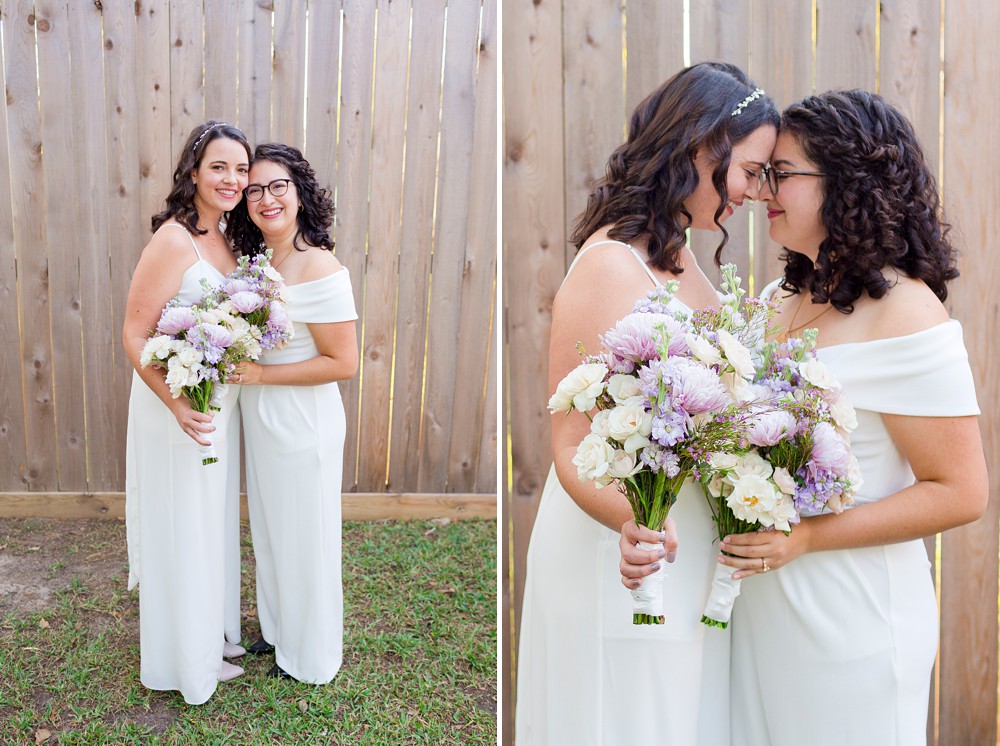 Couple portrait of two brides as their backyard wedding