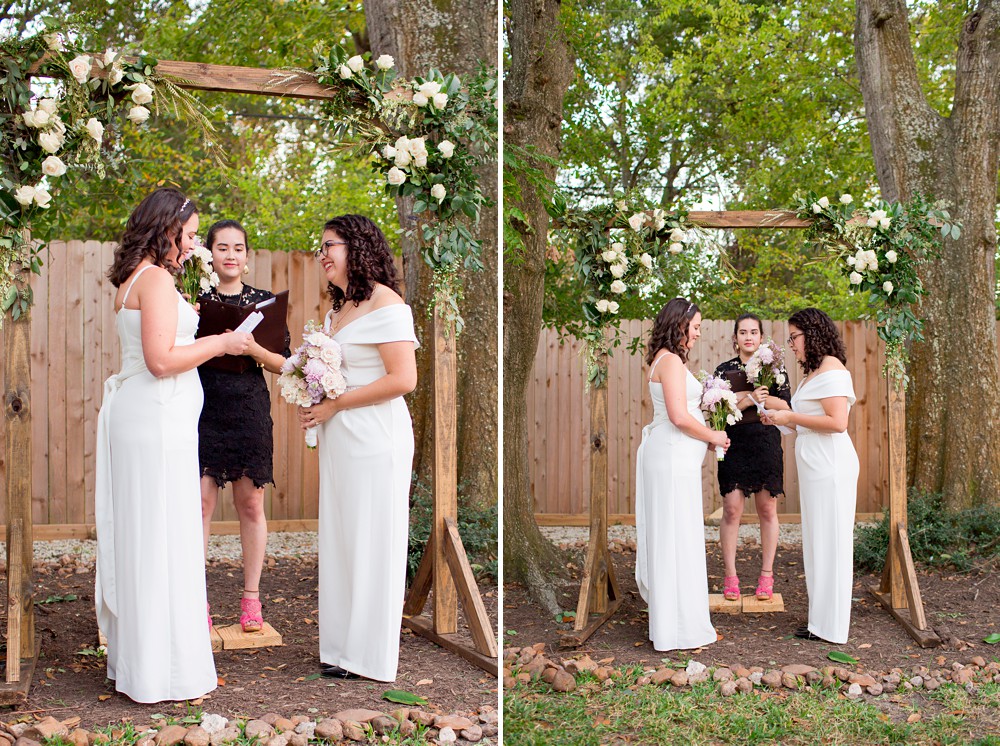 Brides exchanging vows at their backyard wedding ceremony