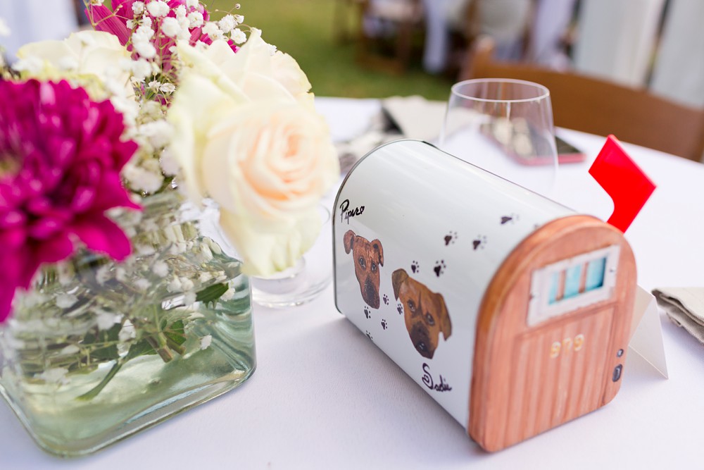 Hand painted mailbox centerpiece table number with the couple's dogs