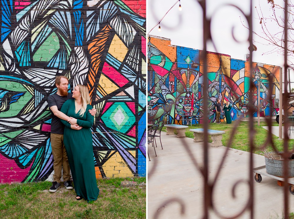 Couple in front of mural at Maceo Spice in Galveston