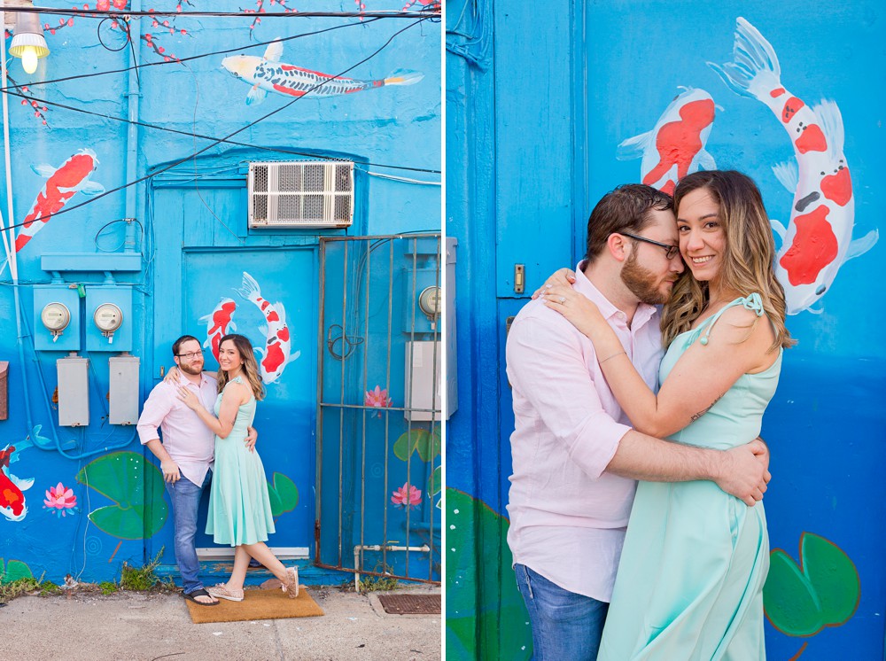 Couple in front of the Koi Pond Mural in Galveston
