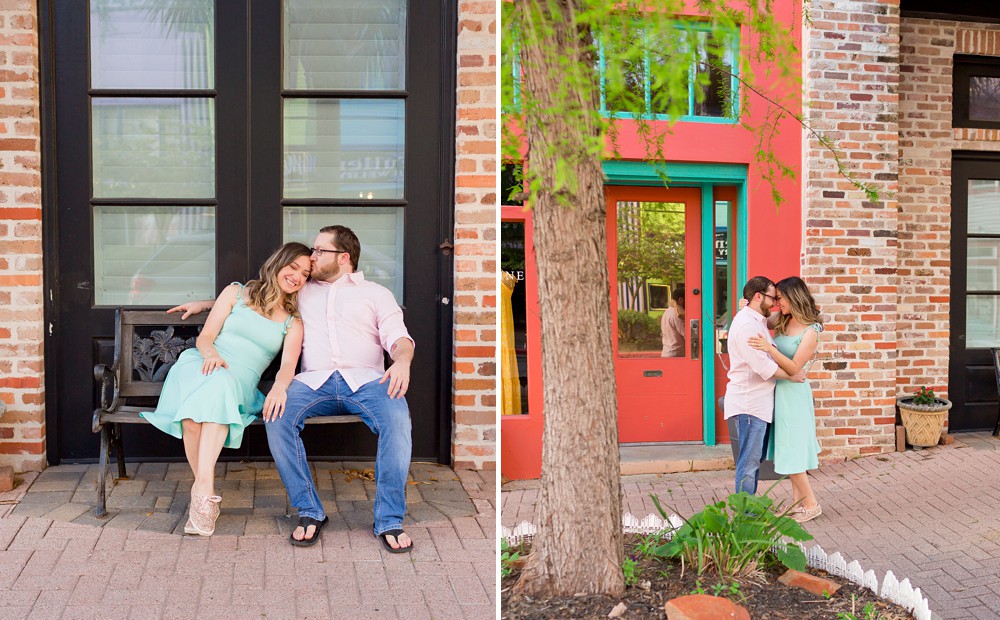 Couple sitting on a bench at their Galveston engagement session