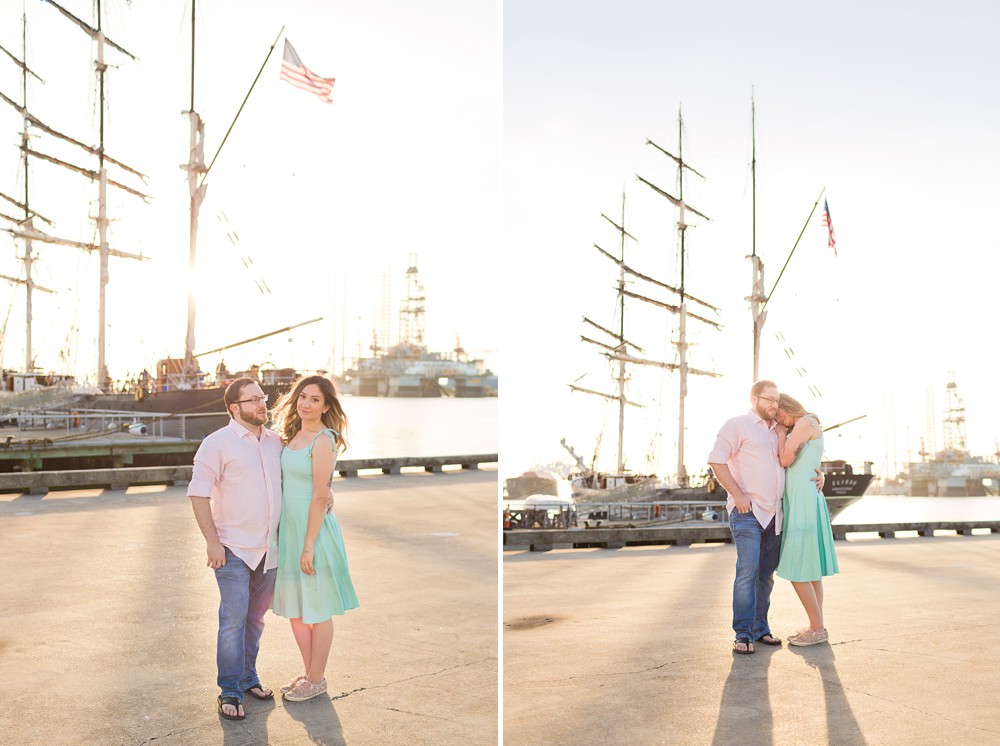 Couple in front of the 1877 Tall Ship Elissa at their Galveston historic district engagement session