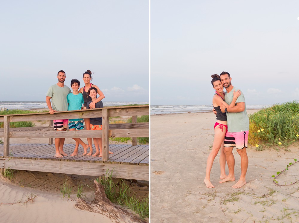 family on a dune walkover at Sea Isle Beach in Galveston