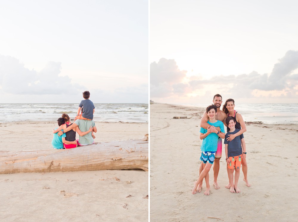 Family on Galveston beach at sunrise