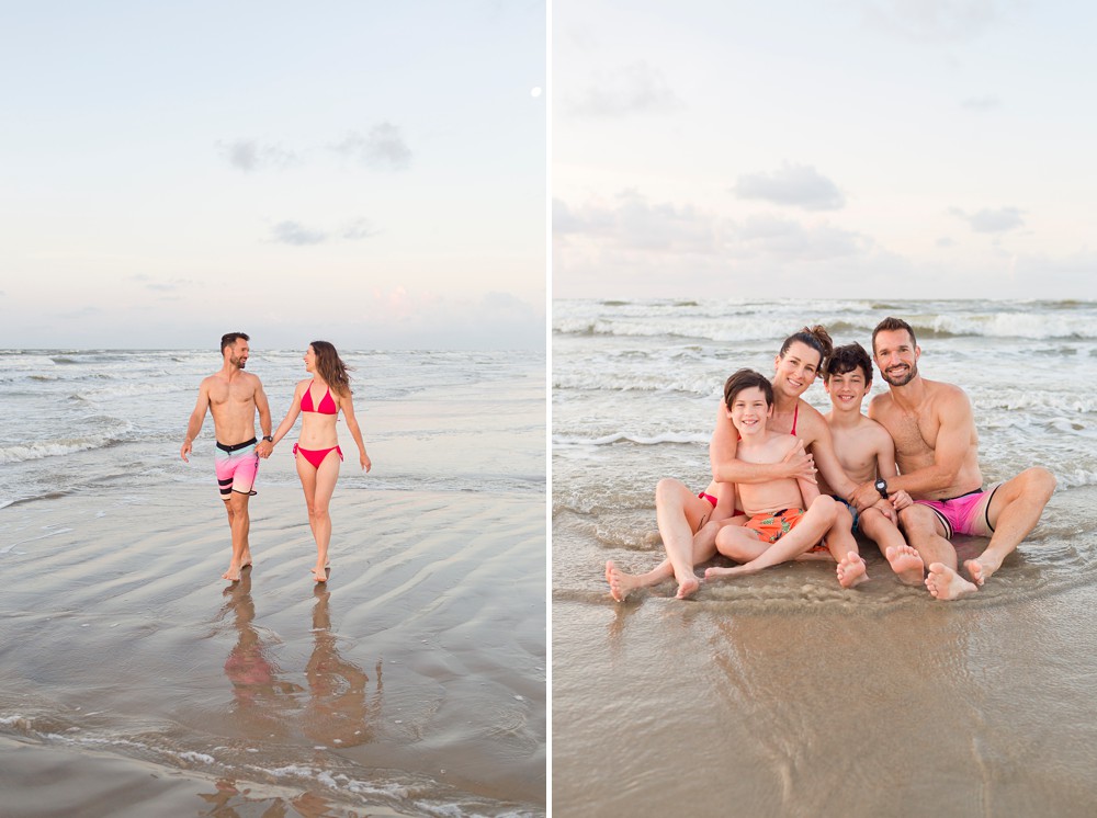 Family sitting in the ocean at their Galveston family beach session