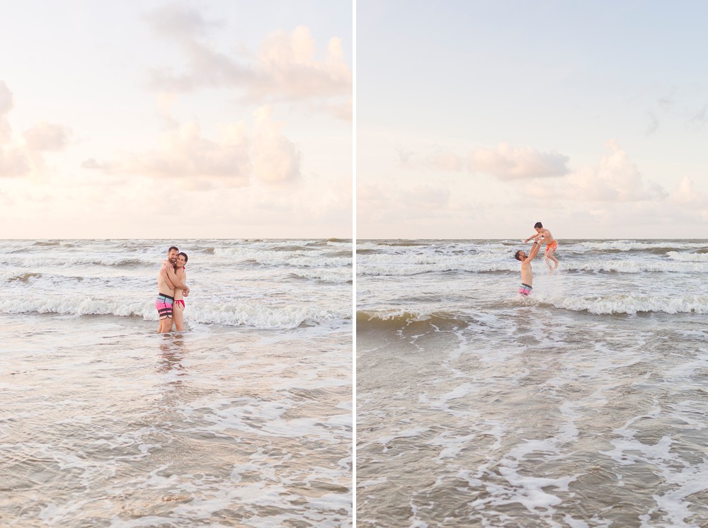 father tossing his son into the waves at Sea Isle Beach in Galveston