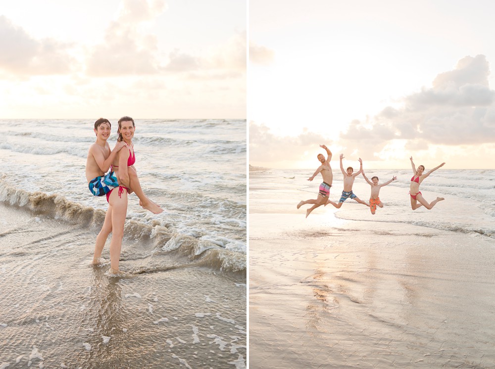 family jumping on the beach with the Galveston sunrise behind them