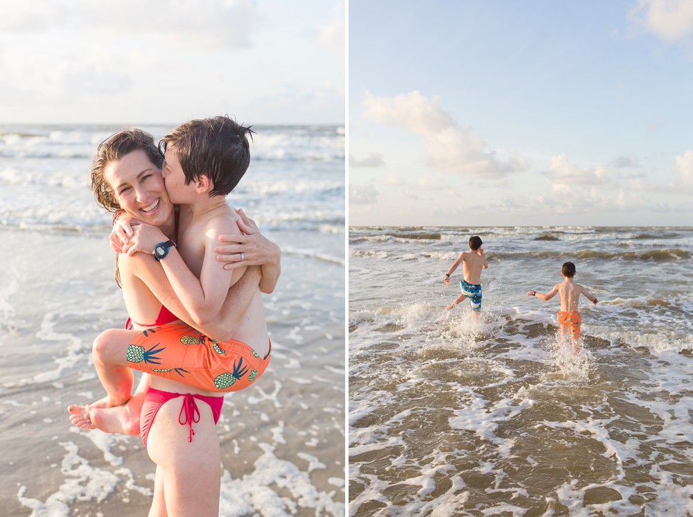 mother holding son as he kisses her cheek at Galveston beach family session