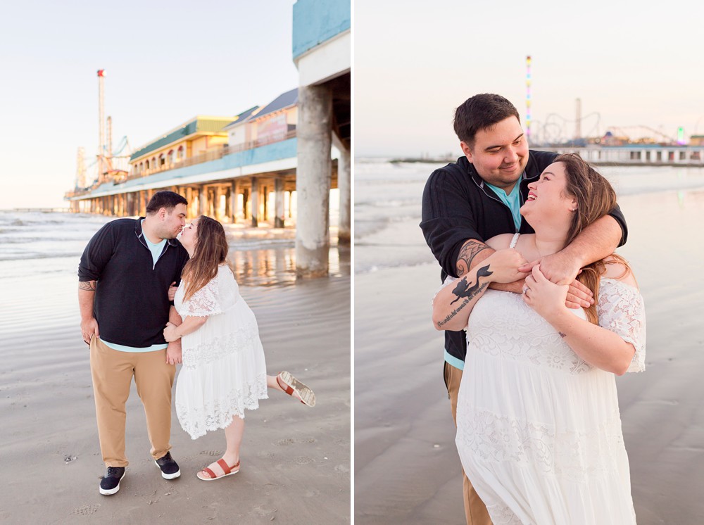 Couple at their Galveston Beach sunset engagement session near Pleasure Pier