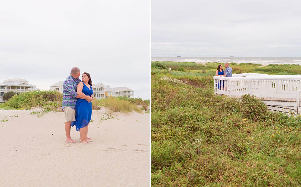 Couple on dune walkover in Beach Town on Galveston Island