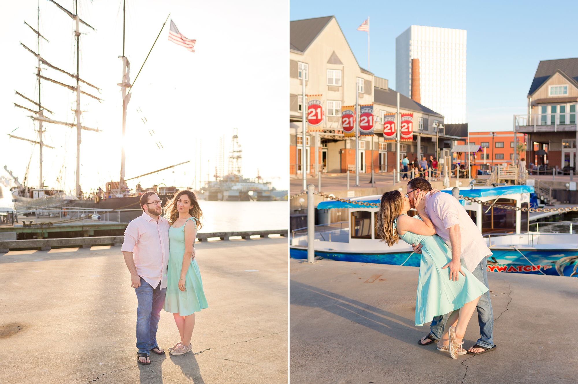 Couple at engagement session photo location Pier 21