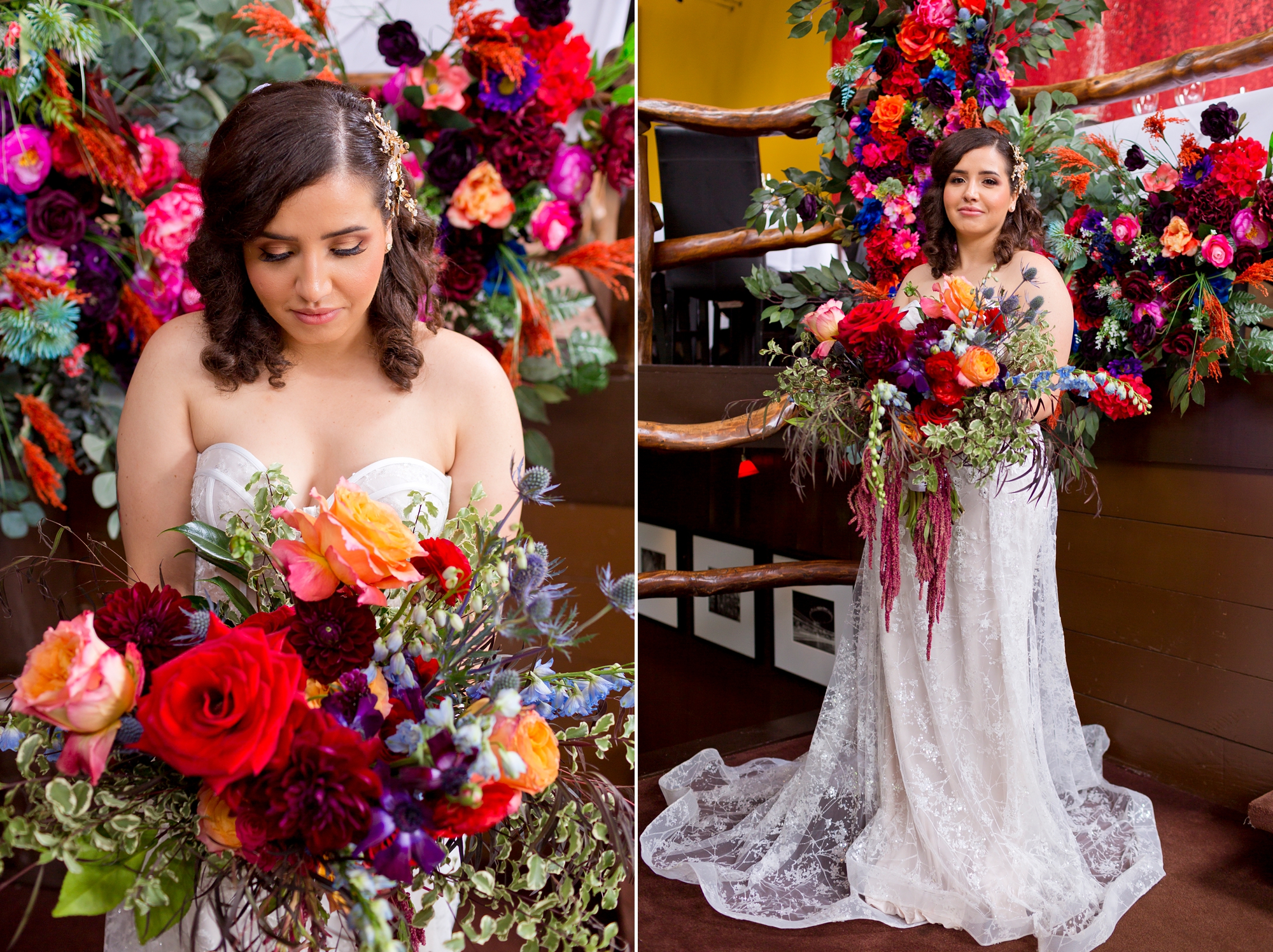 Bridal portrait with jewel toned floral backdrop