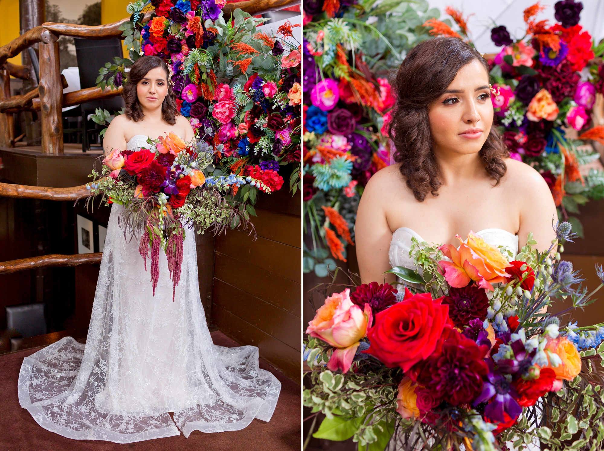 Bridal portrait with jewel toned floral backdrop