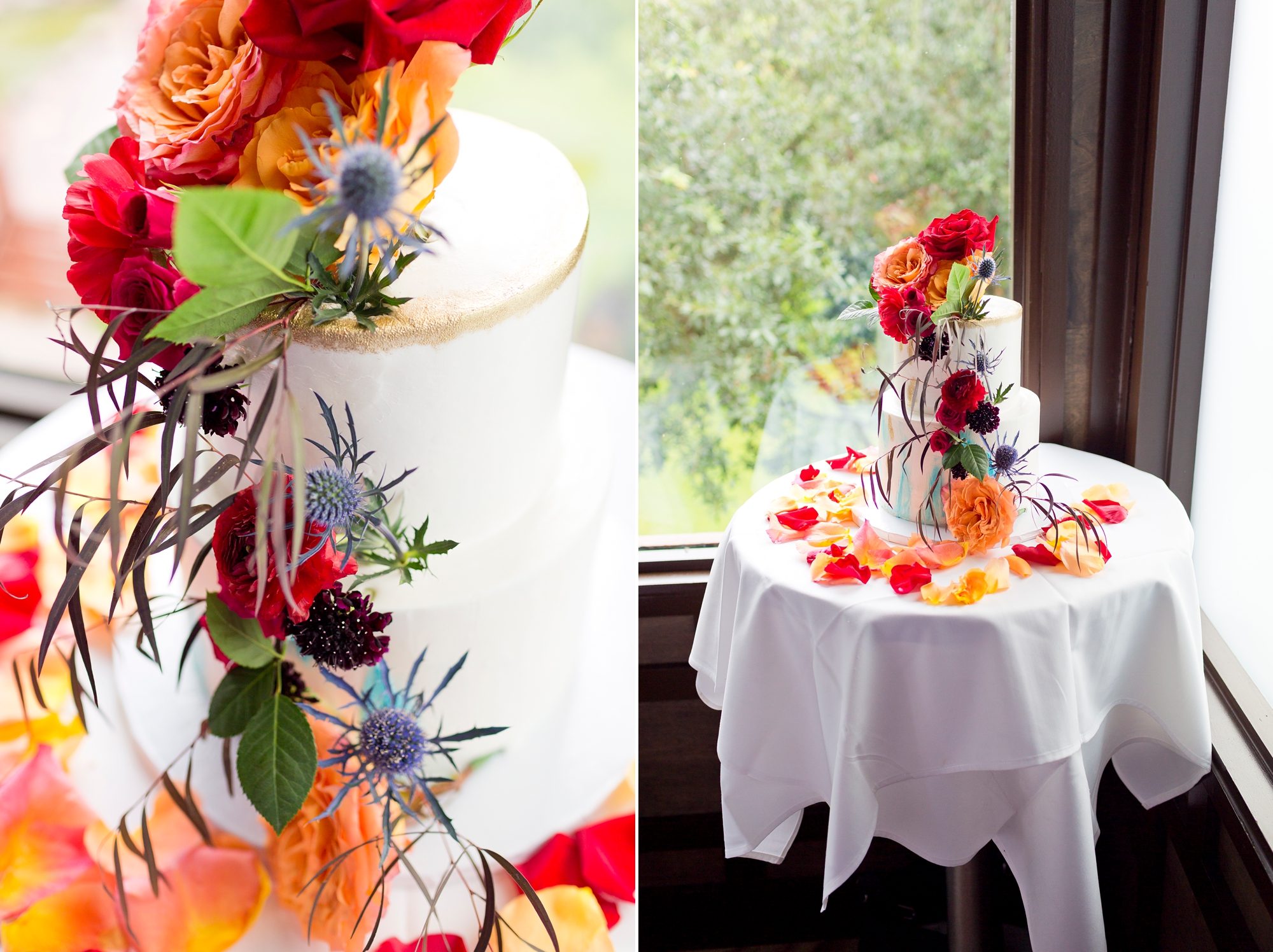 2 tier round wedding cake with jewel toned flowers