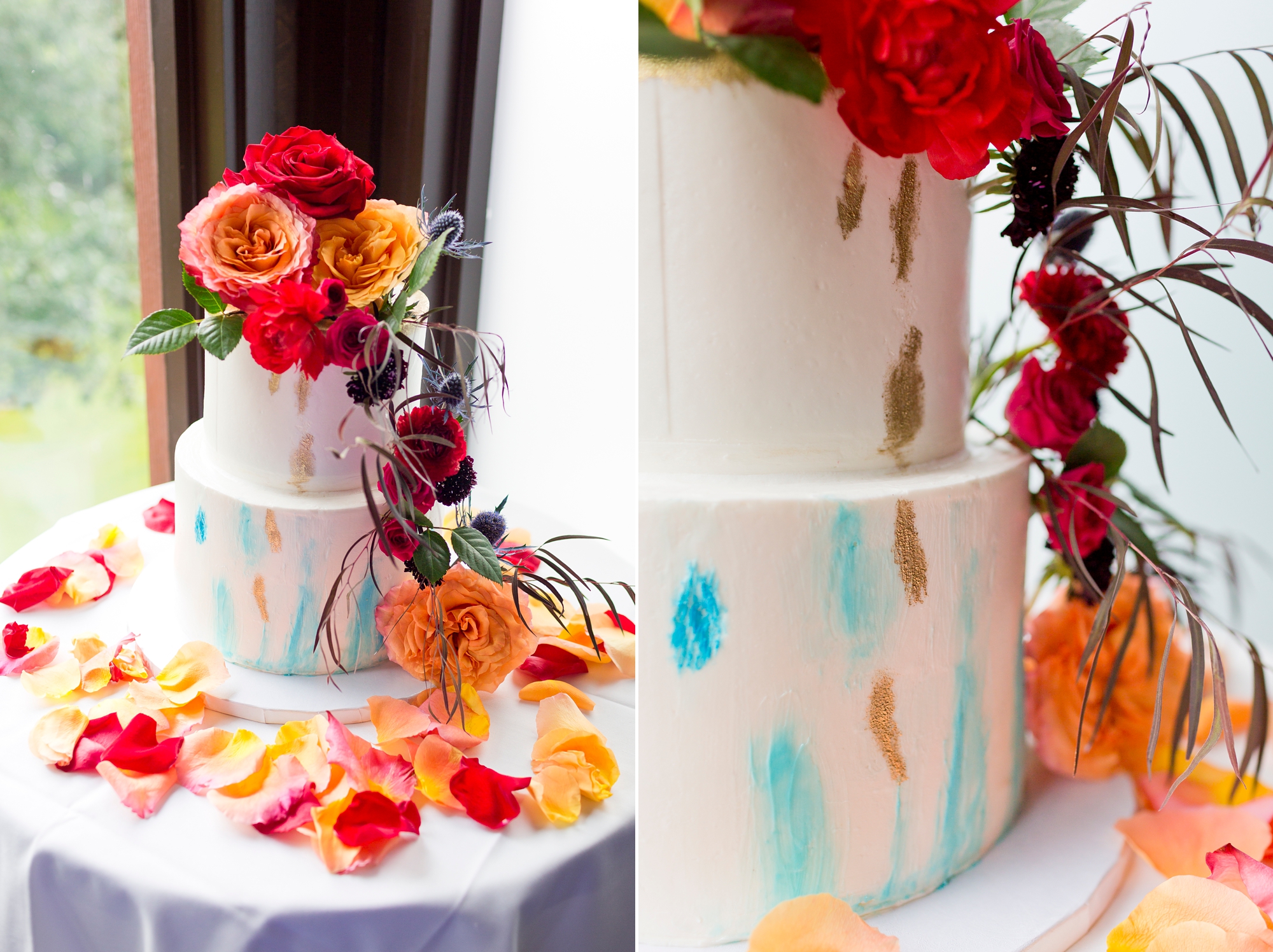 2 tier round wedding cake with jewel toned flowers