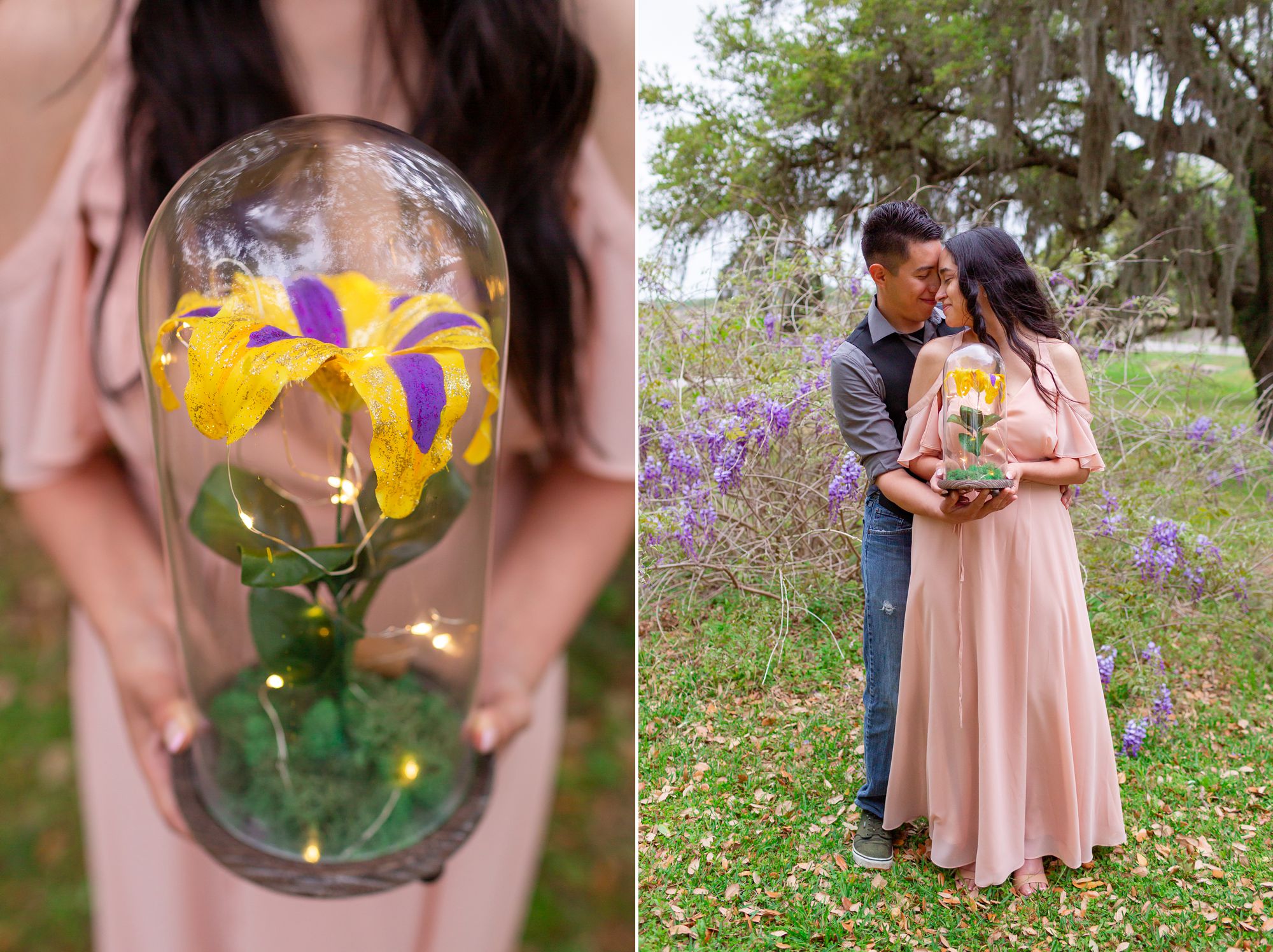 Yellow and purple lily in a glass dome with twinkle lights