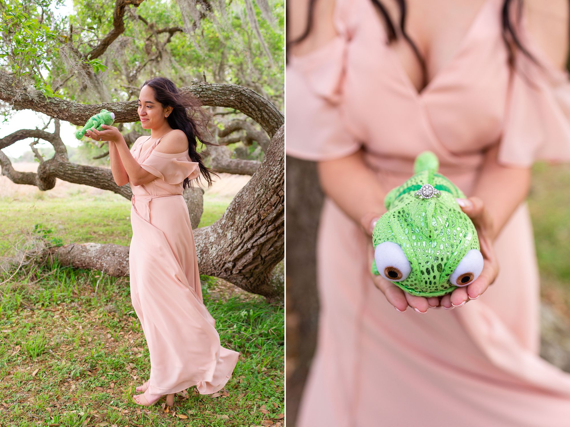 Woman holding a plush Pascal from Tangled.