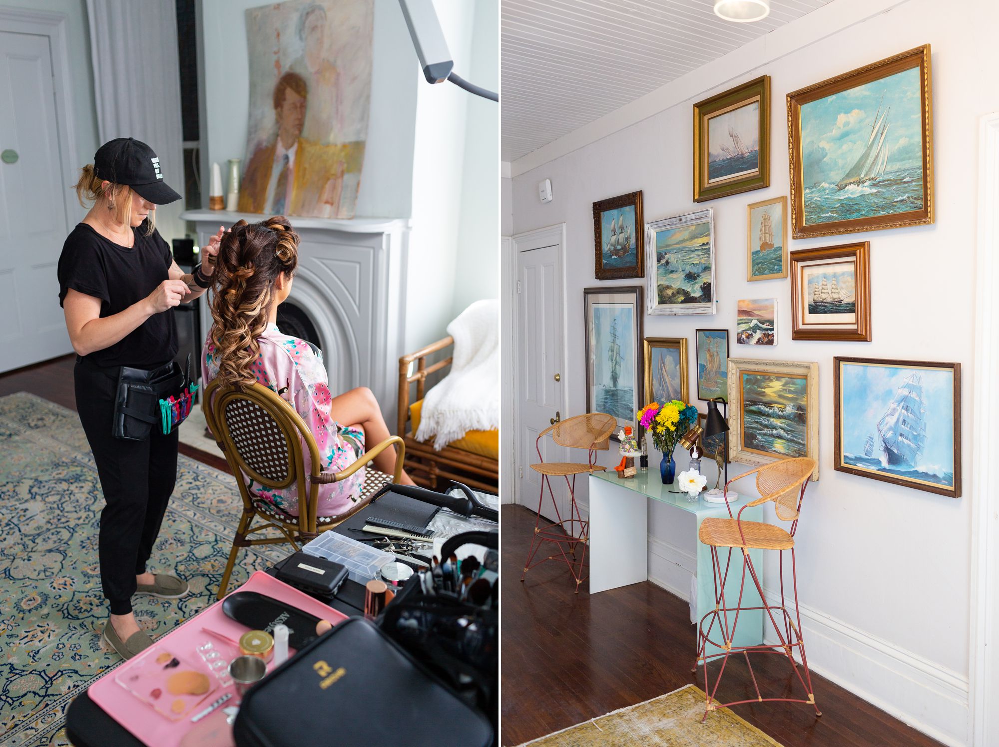 A hairstylist works on a bride's hair; a gallery of sailing ship paintings in a hallway.