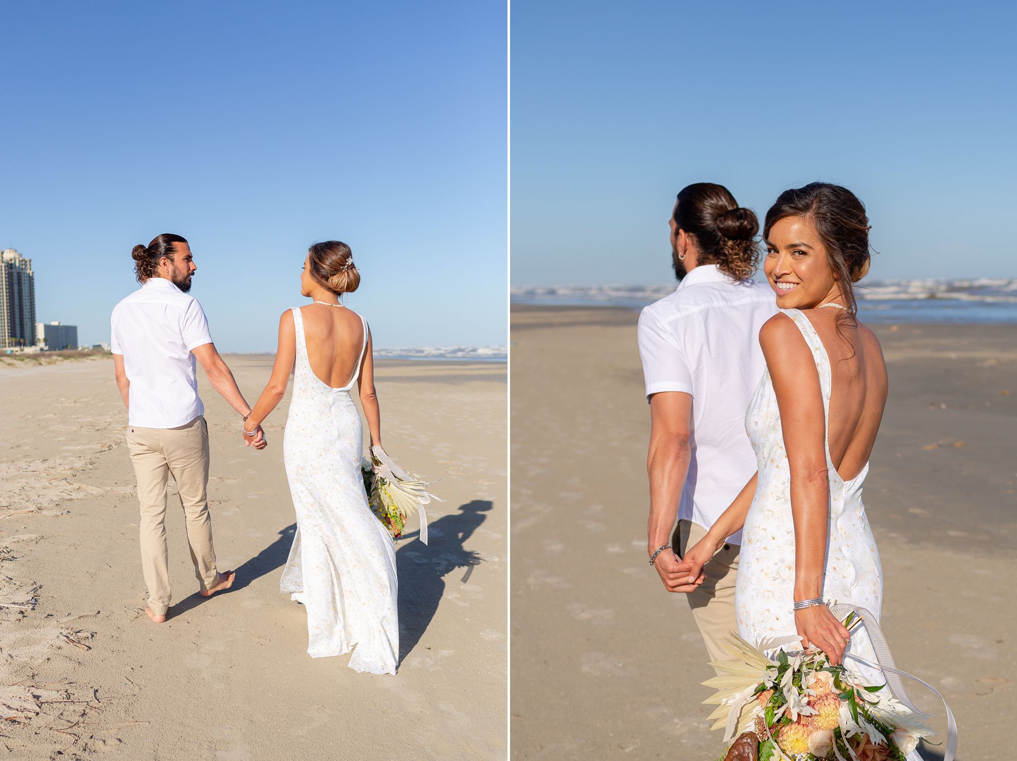 Bride and groom walk on the sand at the Preserve at Grand Beach in Galveston.