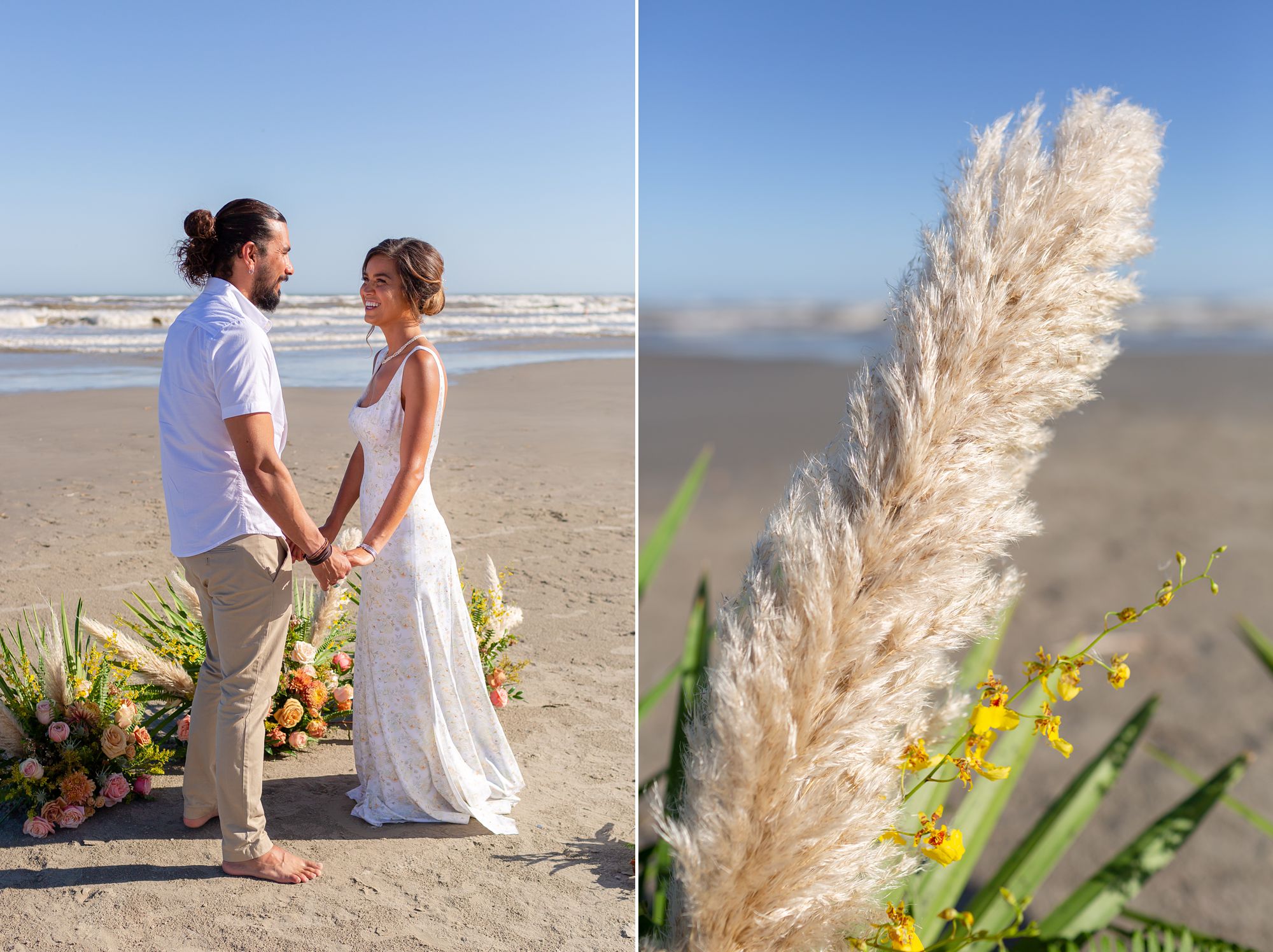 A bride and groom stand facing each other in front of three large flower arrangements at their elopement ceremony; pampas grass in a flower arrangement.