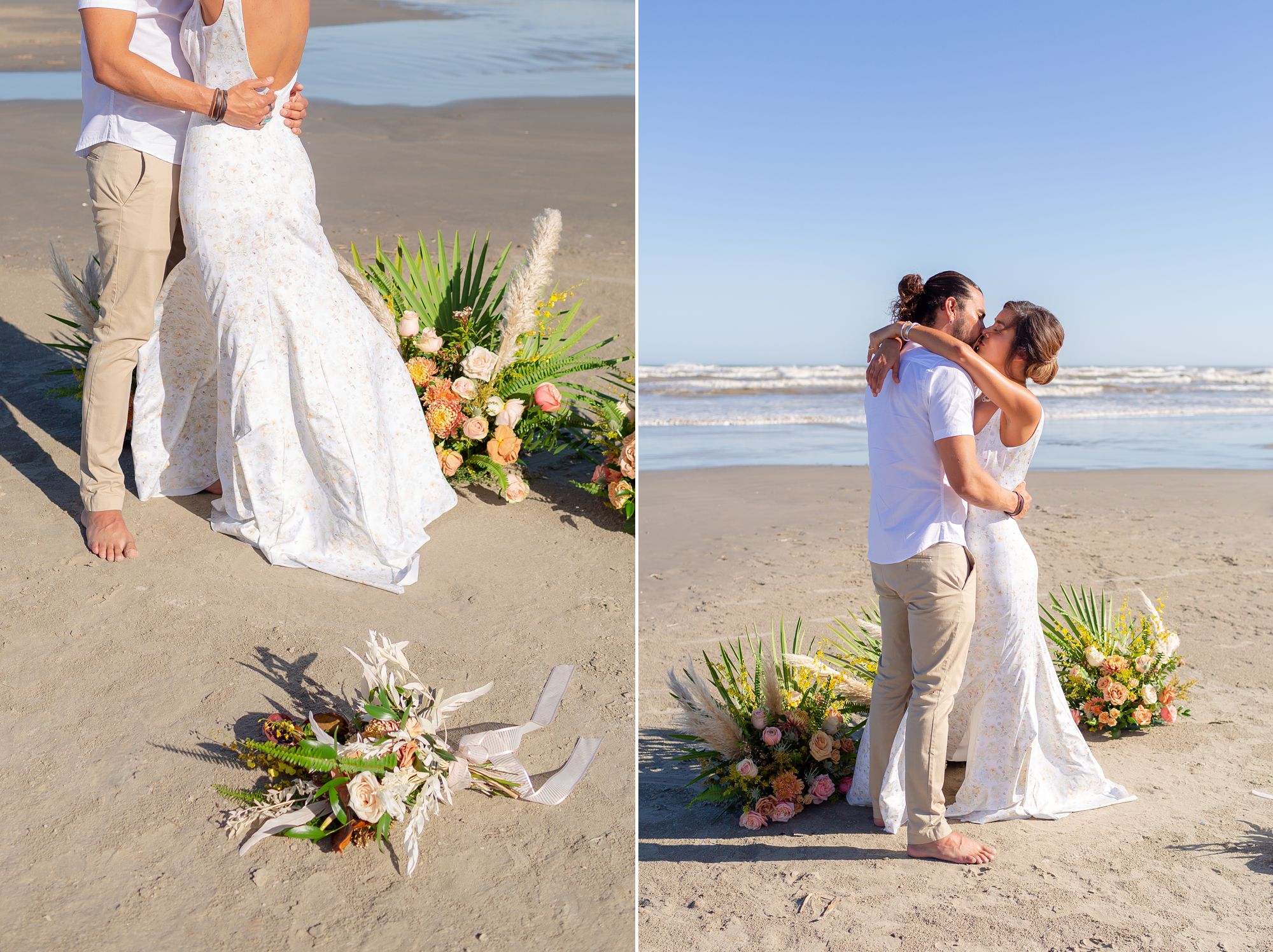 A bridal bouquet lays in the sand; A bride and groom embrace in a kiss at their Preserve at Grand Beach elopement in Galveston.