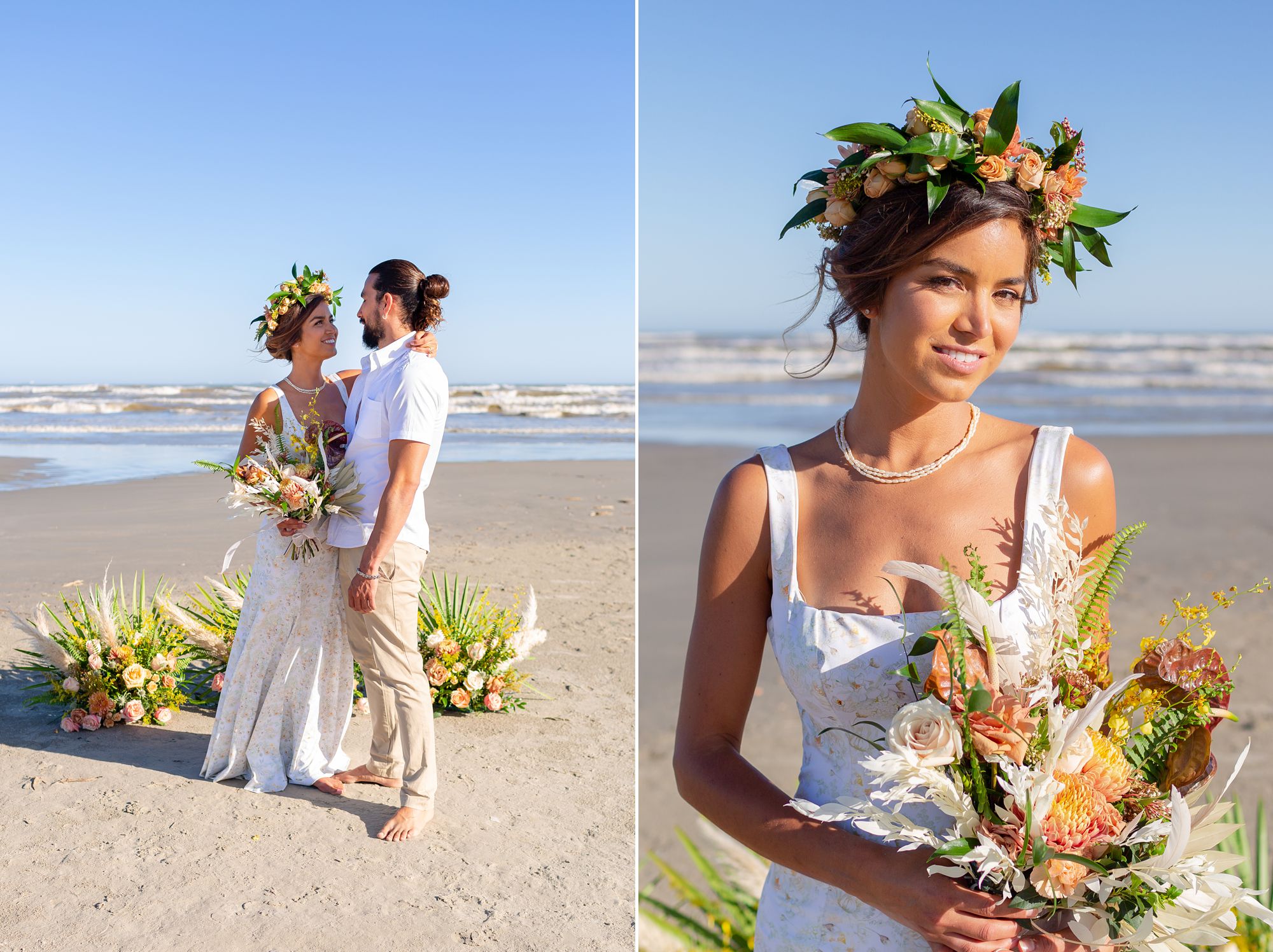 A bride wears a flower crown with orange roses and greenery while holding a pink orange and yellow bouquet.