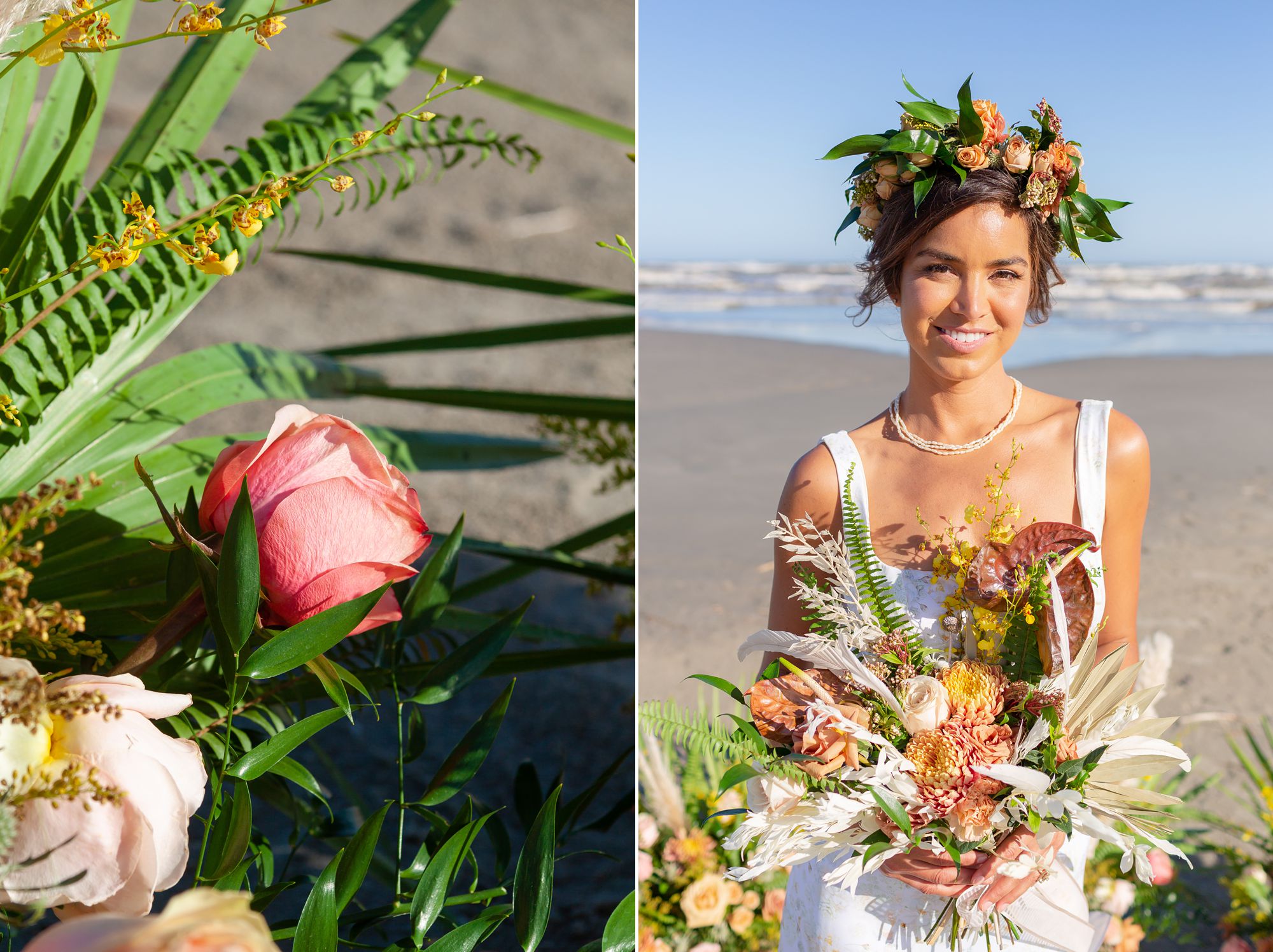 A bride wears a flower crown with orange roses and greenery while holding a tropical boho bouquet.