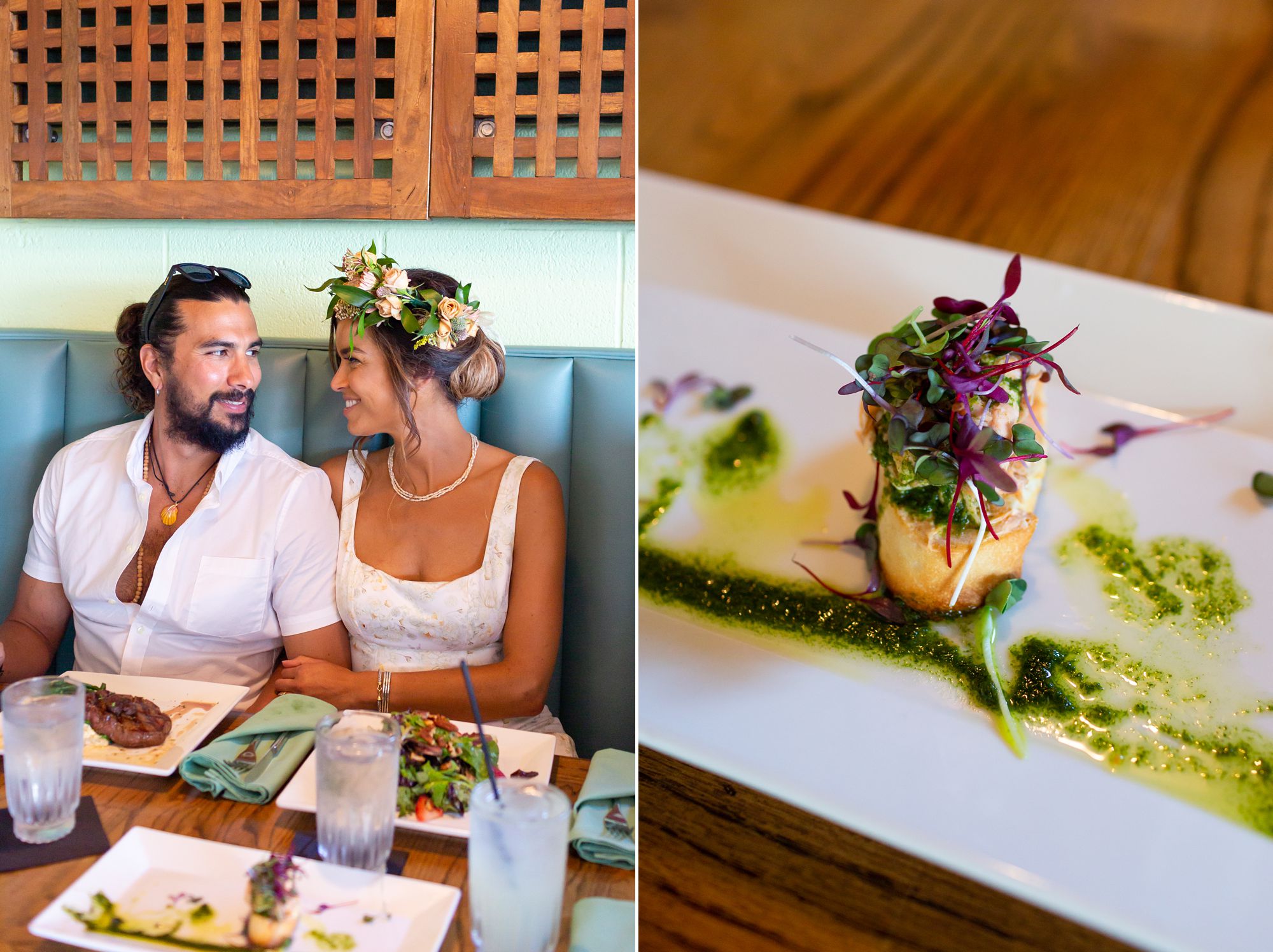 Bride and groom sit in a booth at BLVD Seafood after their Preserve at Grand Beach elopement.