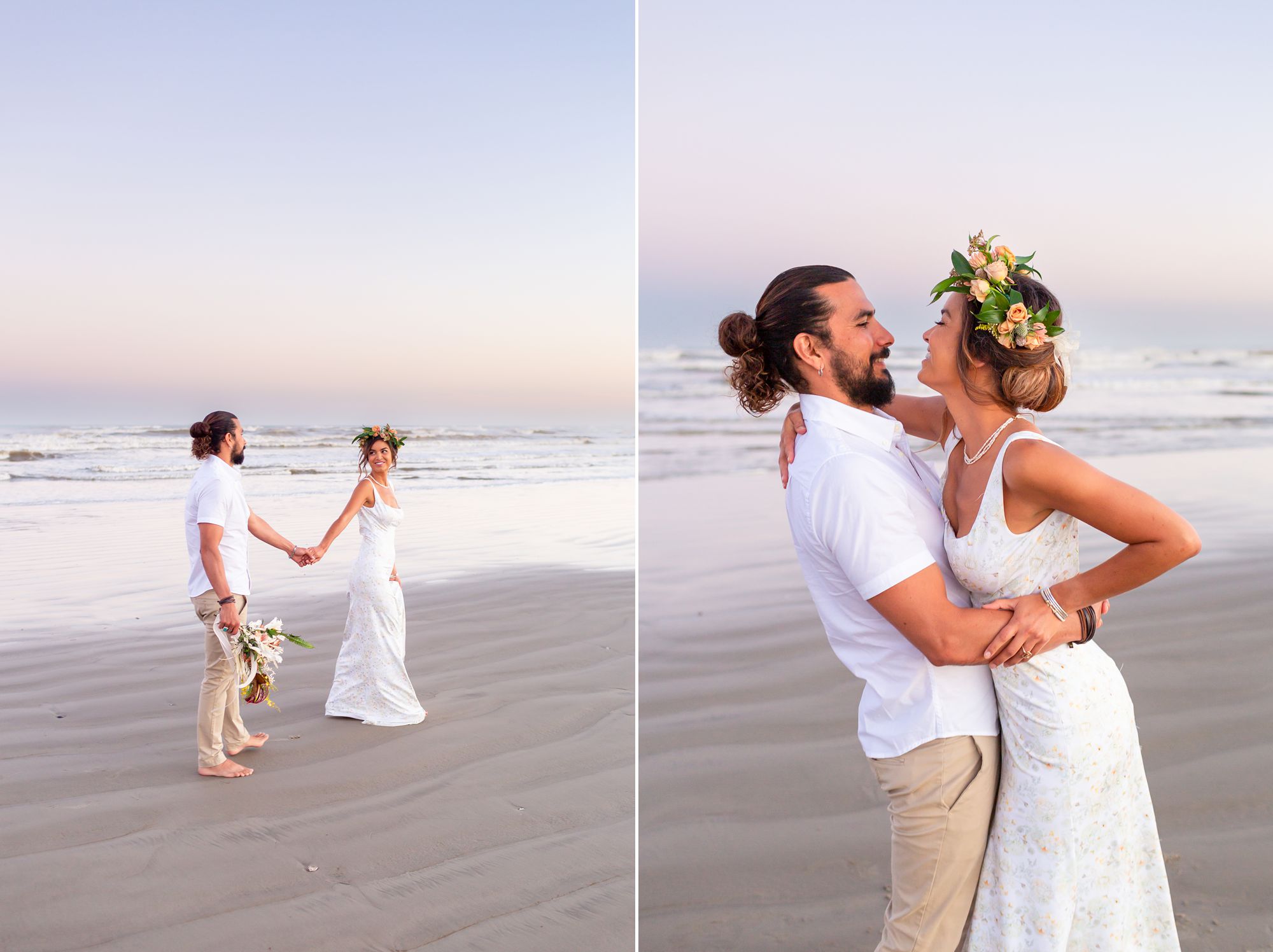 A bride and groom walk along the beach at sunset at their Preserve at Grand Beach elopement in Galveston.