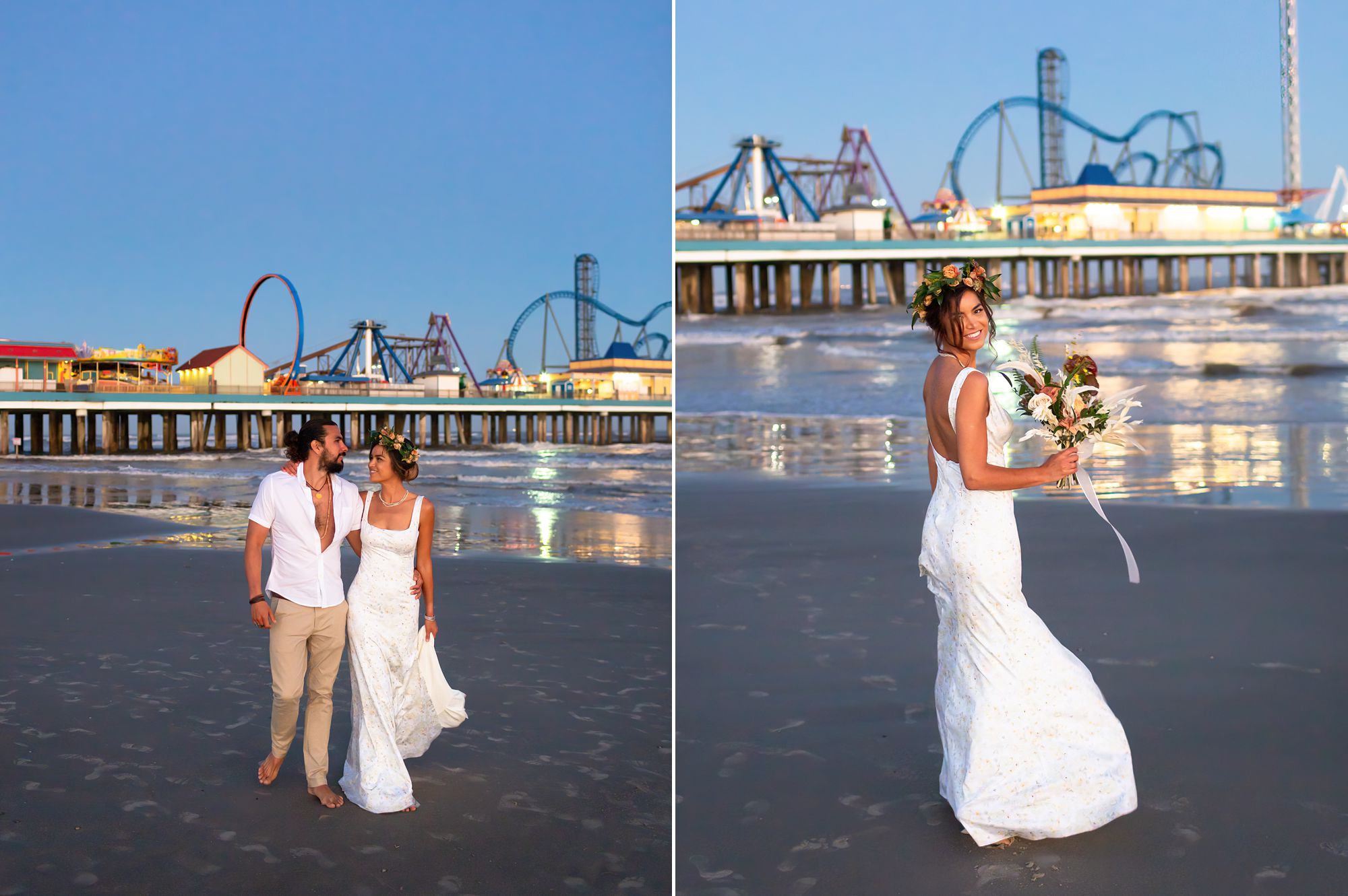 A bride and groom walk along a Galveston beach with Pleasure Pier in the background.