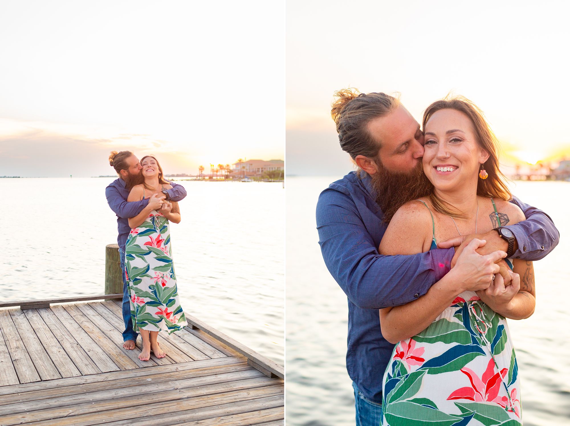 Couple laughing on a boat dock at Lee and Joe Jamail Bay Park couple session in Galveston.